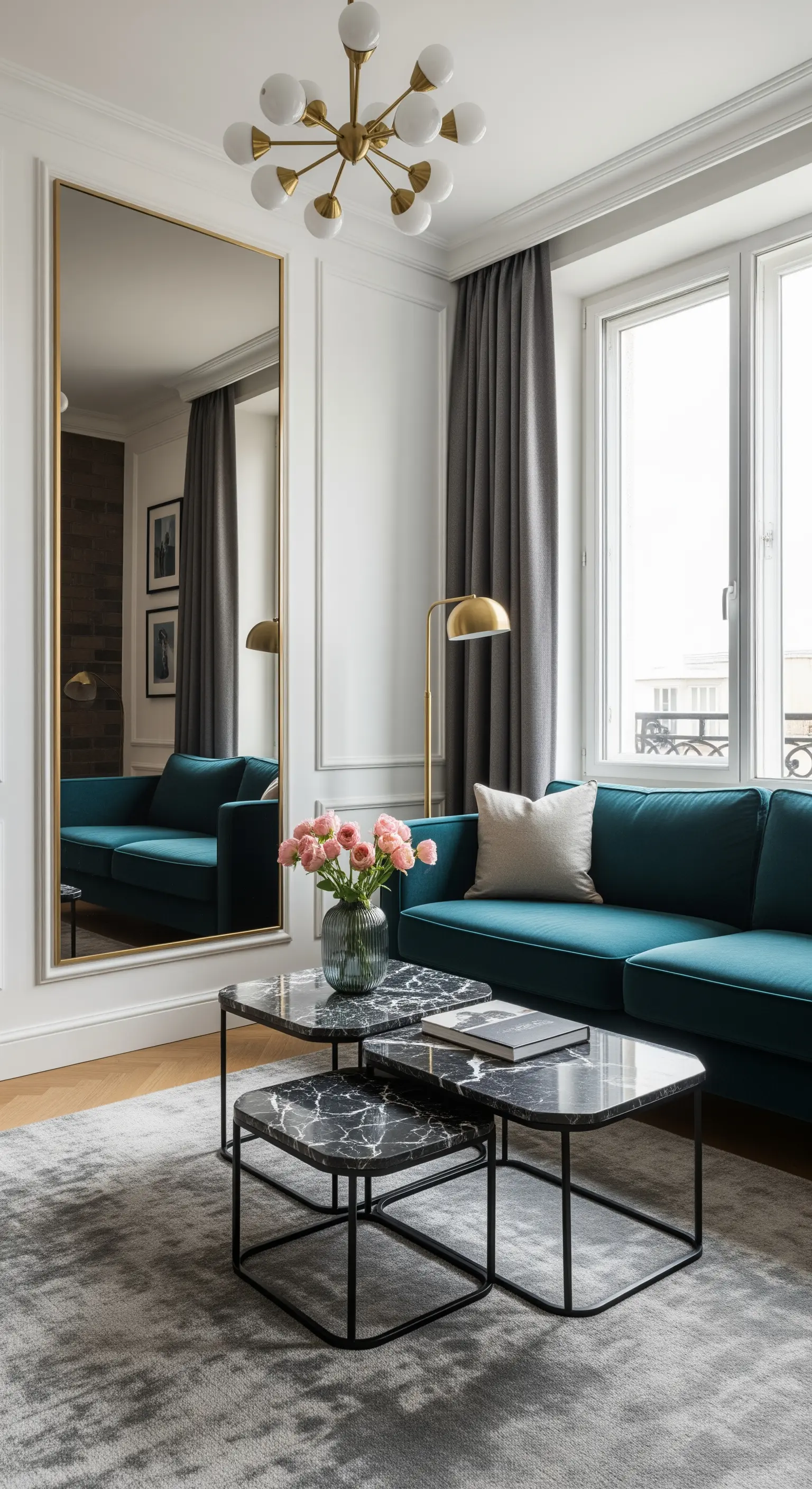 Drei verschachtelte schwarze Marmortische mit schwarzen Metallgestellen vor einem Sofa.