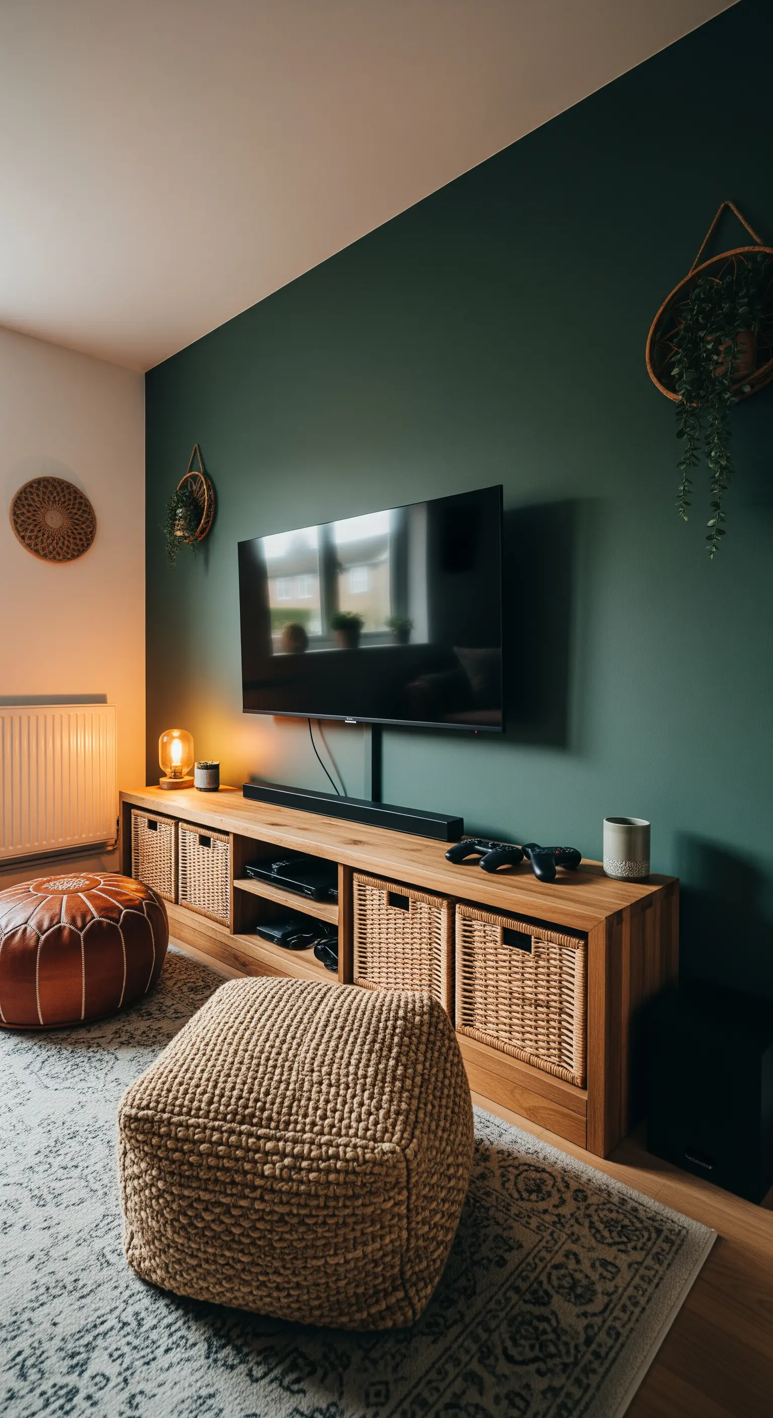 Ein Wohnzimmer mit einer waldgrünen Akzentwand hinter einem TV-Möbel aus hellem Holz