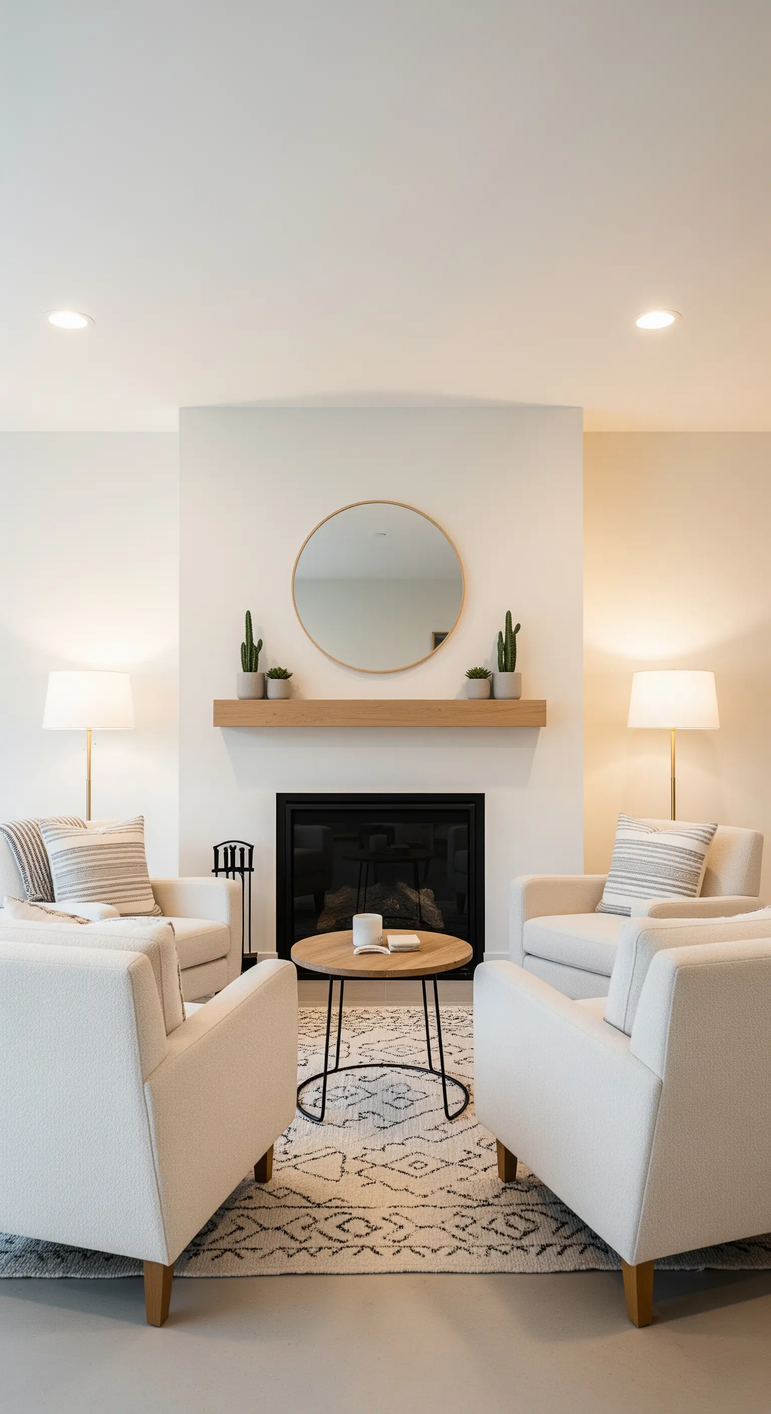 Symmetrisch angeordnete Sessel und Lampen um einen minimalistischen Kamin mit rundem Spiegel.