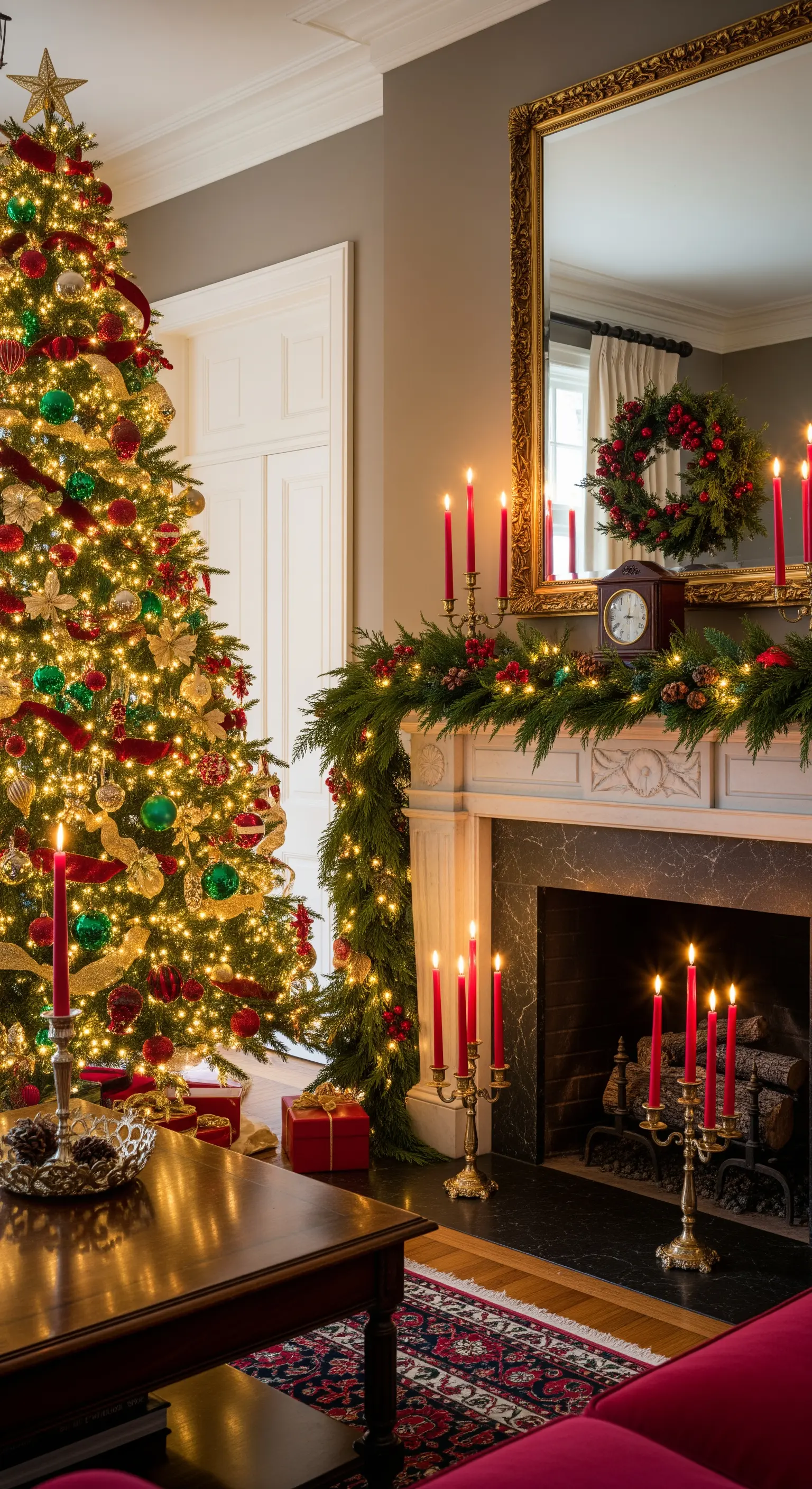 Klassisch dekorierter Kaminsims mit roter Kerzen und einer beleuchteten Girlande.