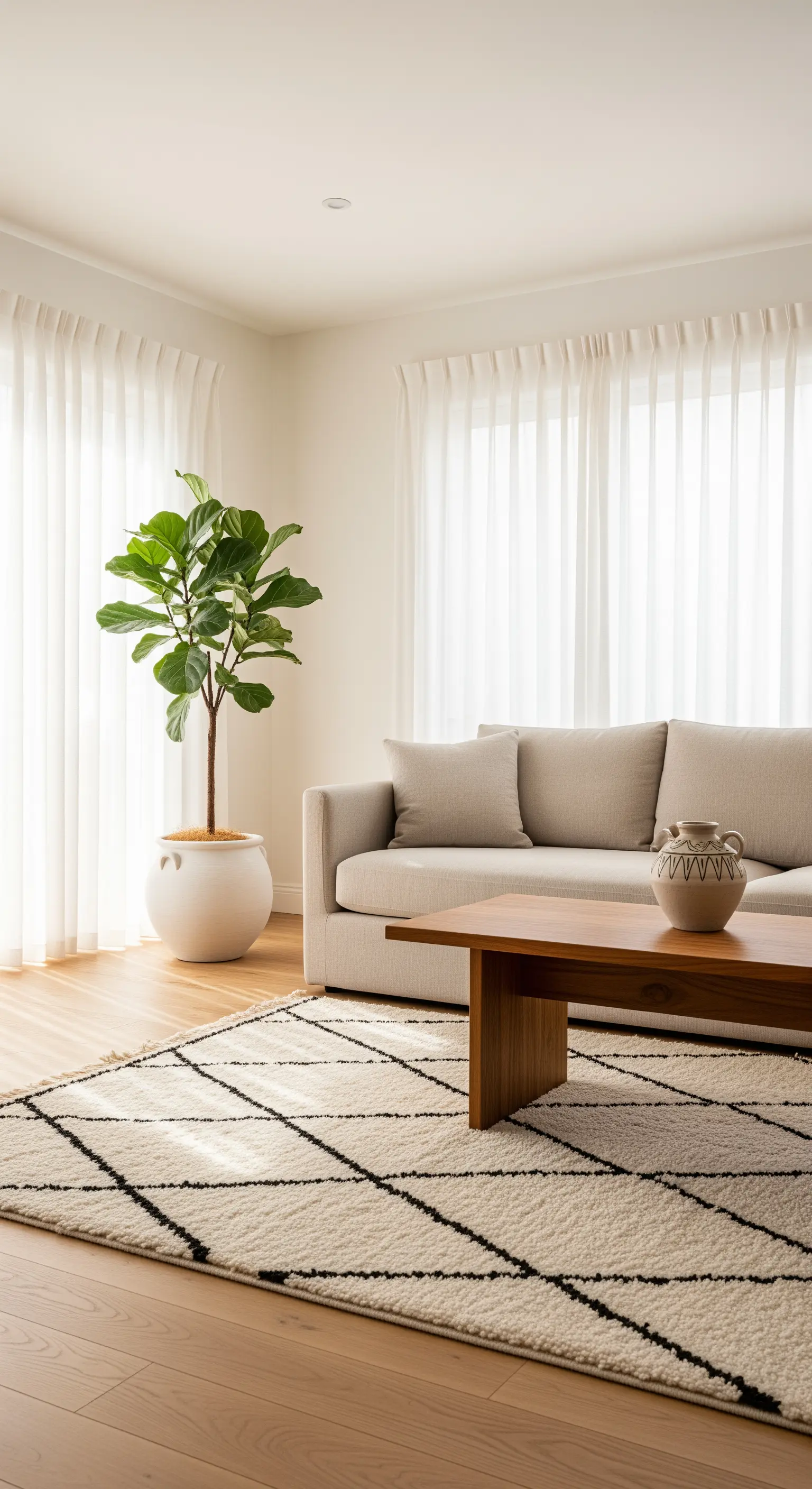 Helles Wohnzimmer mit beigem Sofa, großer Geigenfeige und einem strukturierten Teppich