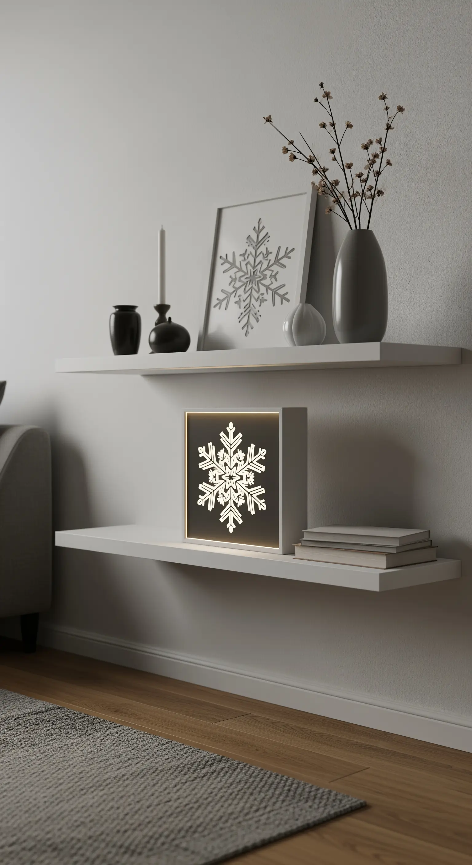 Schweberegal mit einer leuchtenden Schneeflocken-Lightbox und Deko in Schwarz-Weiß