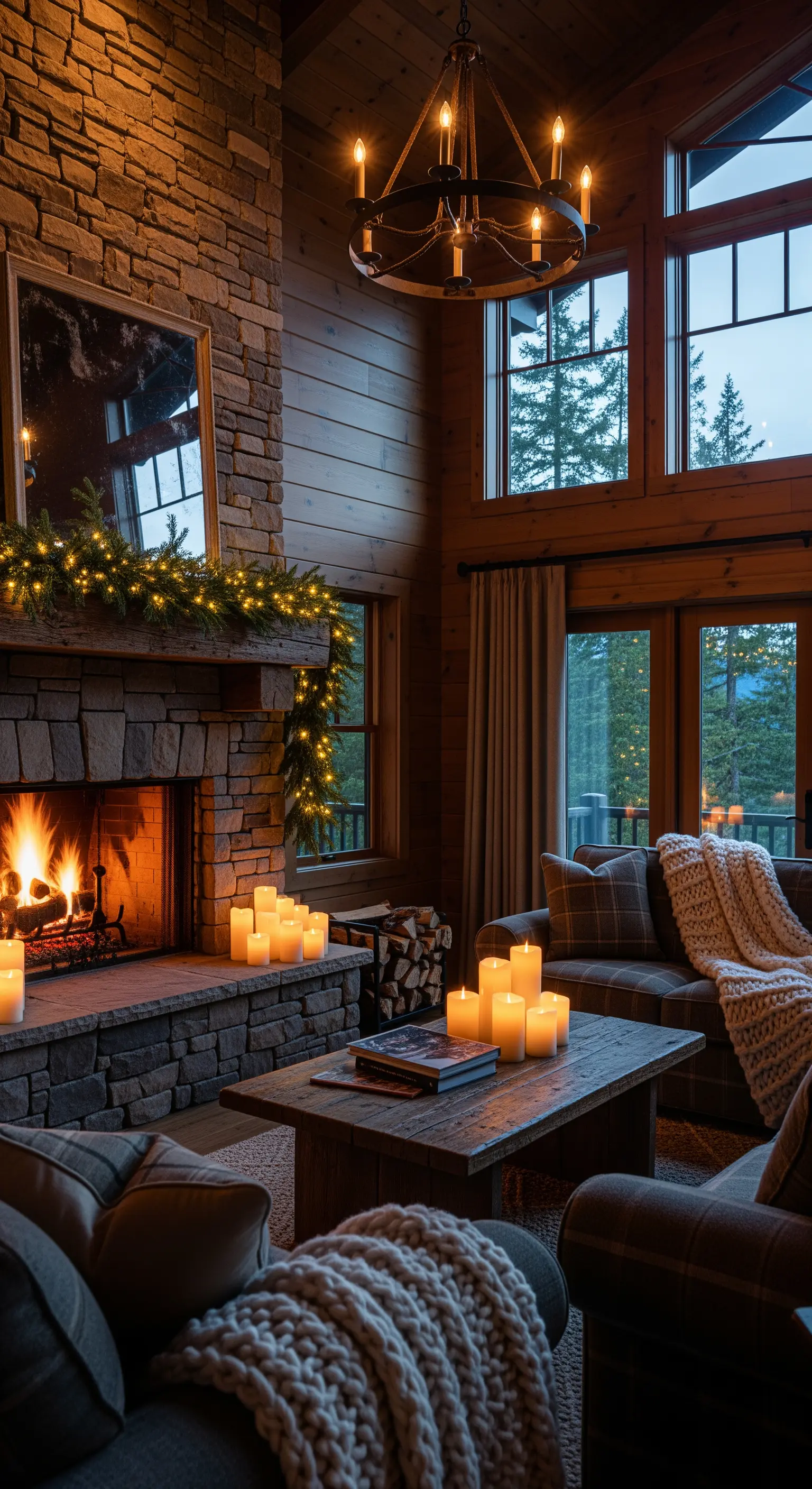 Rustikales Wohnzimmer mit Kamin, Lichterkette auf Girlande und LED-Kerzen am Boden.
