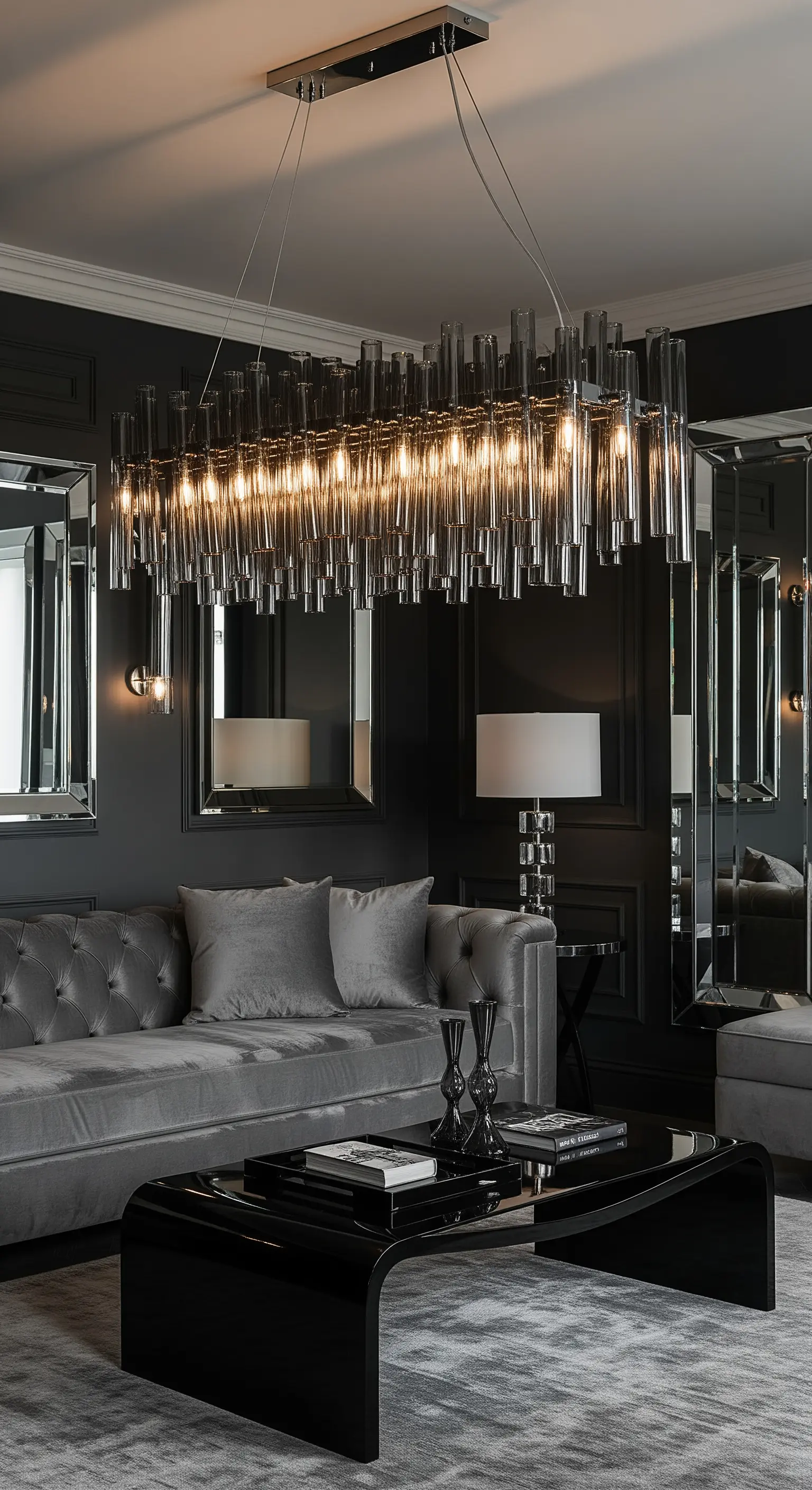 Längliche Rauchglas-Hängeleuchte in einem eleganten, dunkelgrauen Wohnzimmer mit Samtsofa.