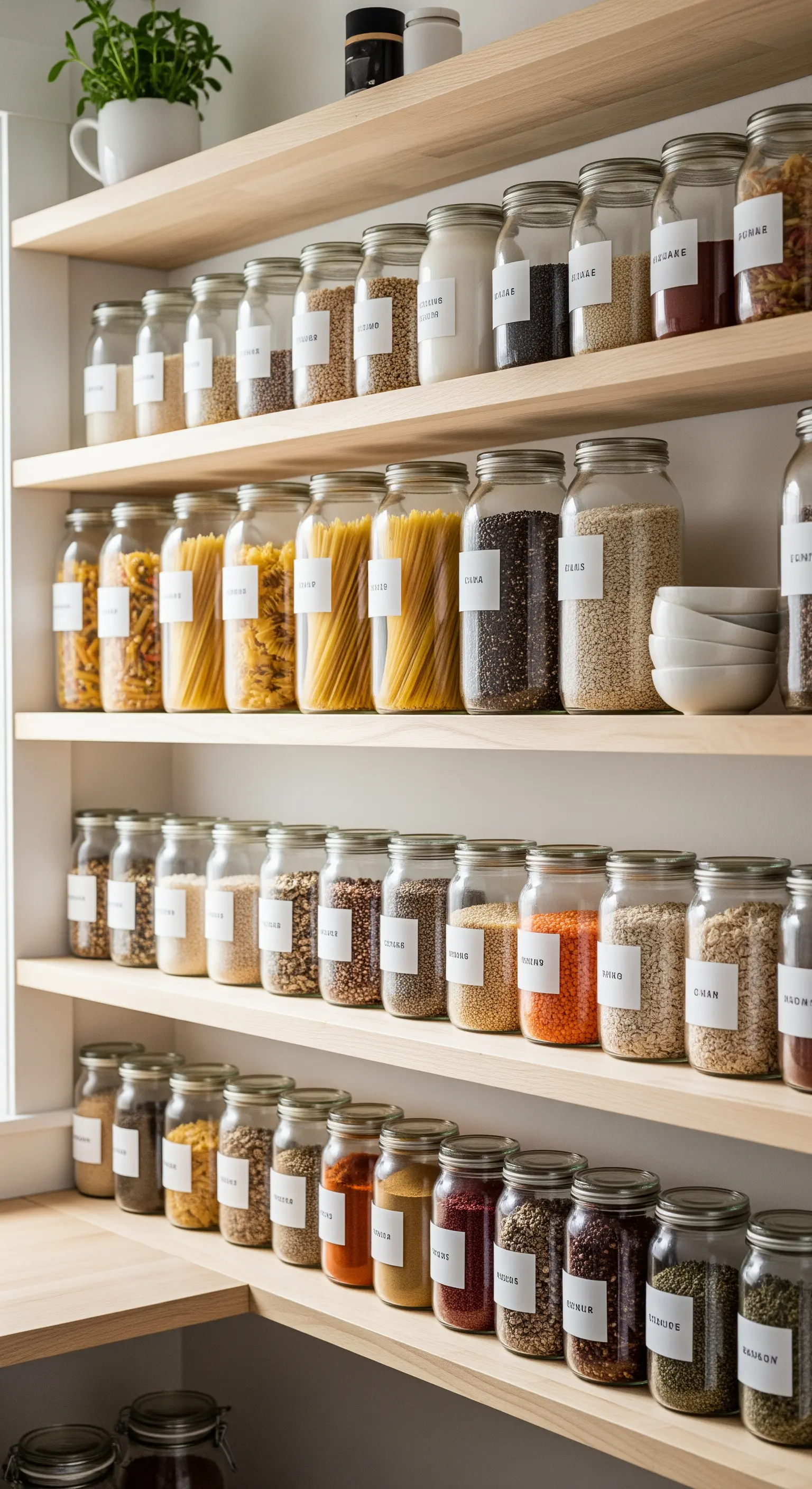 Ordentliche Speisekammer mit Lebensmitteln in einheitlichen, beschrifteten Glasbehältern.