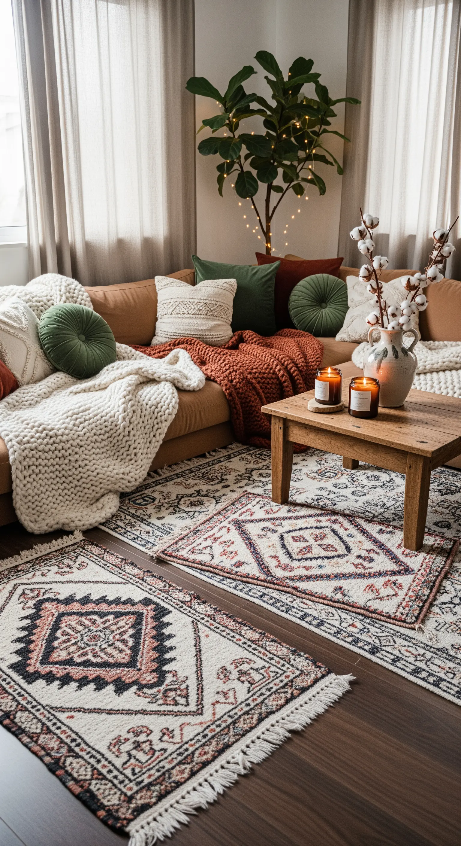 Wohnzimmer mit mehreren kleinen Teppichen auf dem Boden und einer gemütlichen Decke auf dem Sofa