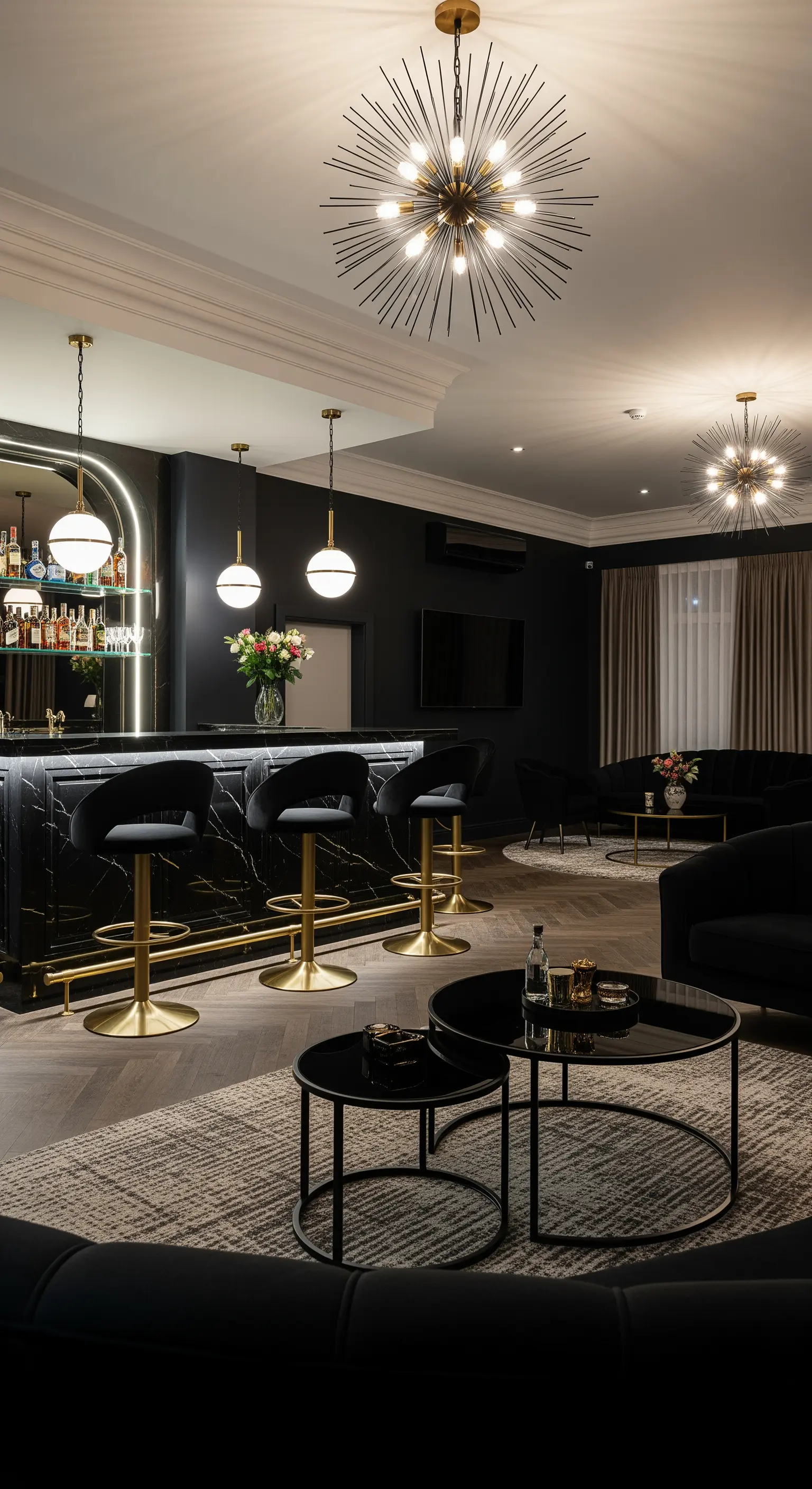 Moderne Lounge mit einer schwarz-goldenen Bar und verschiedenen Sitzbereichen, die durch unterschiedliche Leuchten definiert werden.