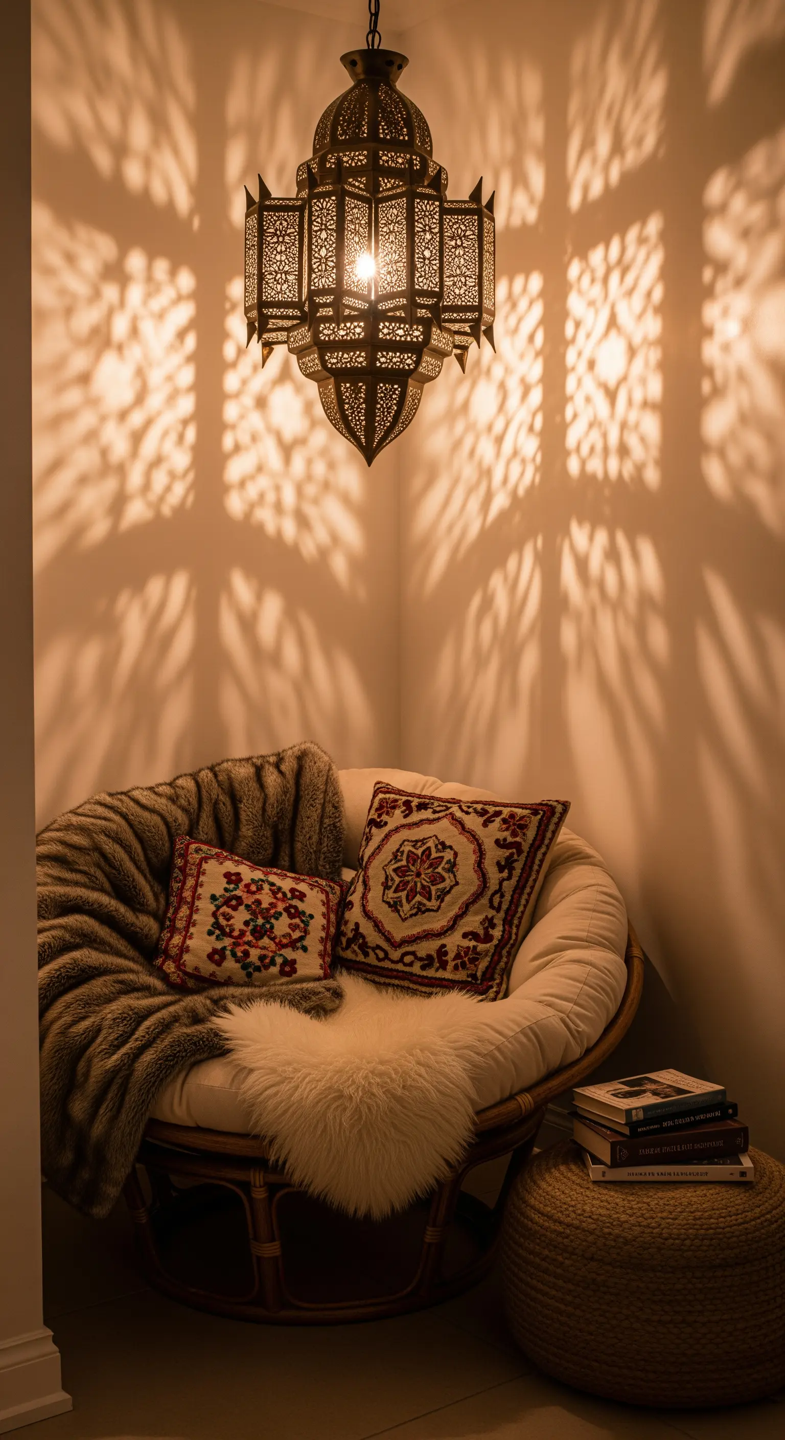 Eine große marokkanische Laterne wirft kunstvolle Schatten über einen gemütlichen Papasan-Sessel.