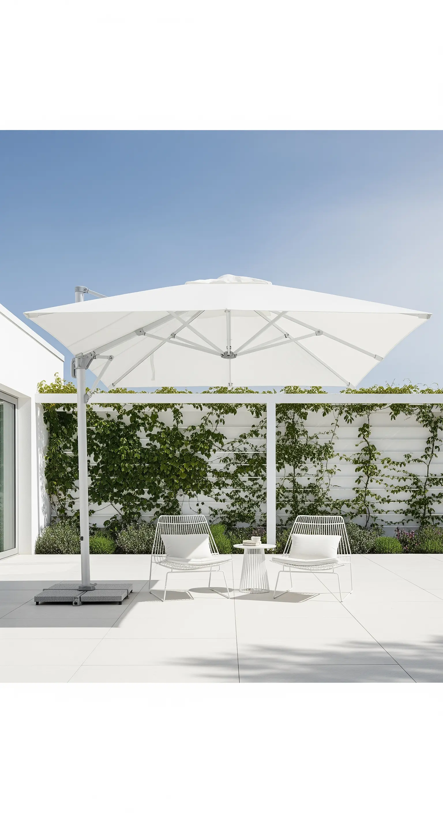 Weiße Drahtstühle unter großem Sonnenschirm vor Efeu