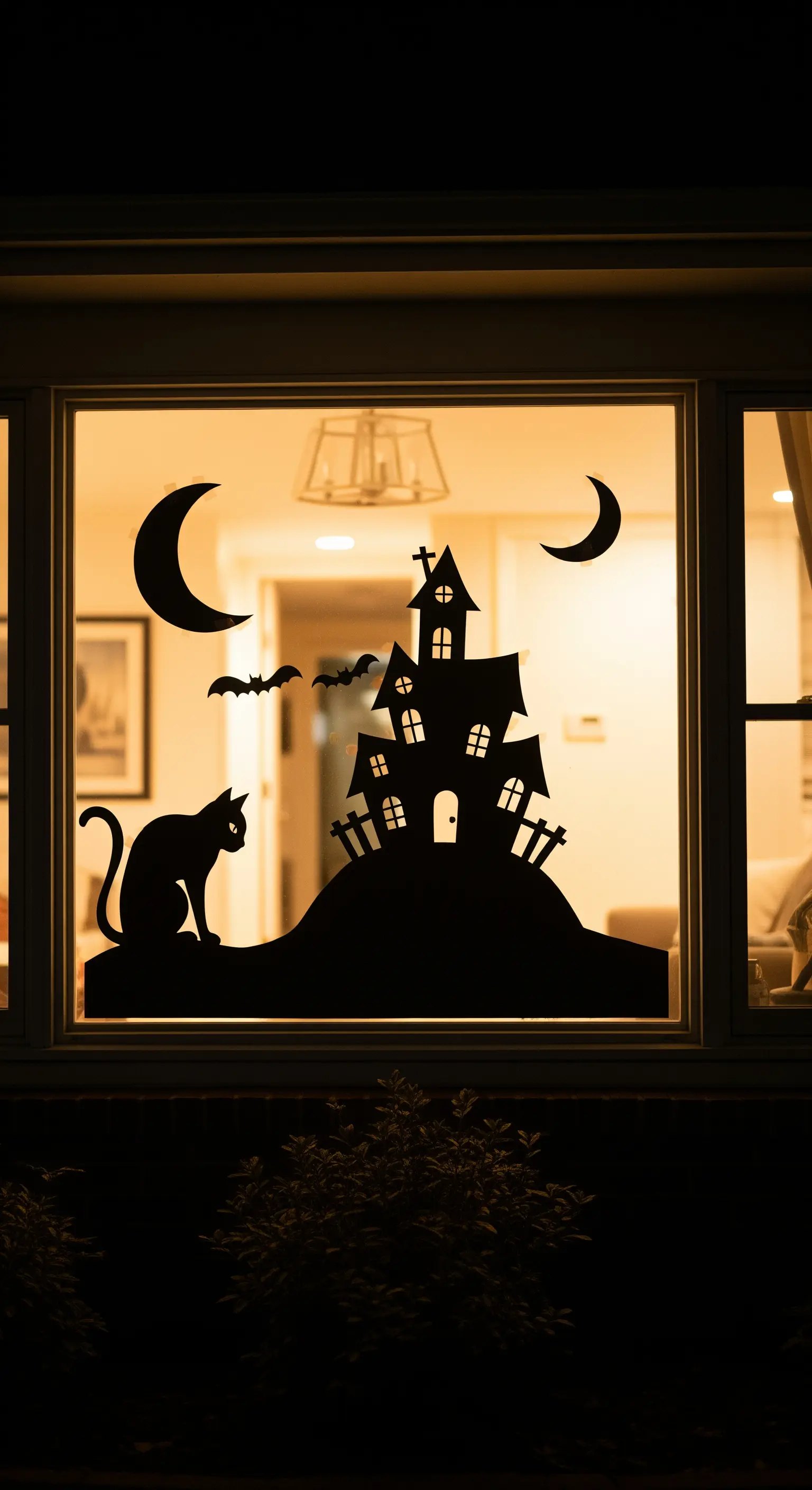 Eine schwarze Papiersilhouette eines Spukhauses und einer Katze auf einem hell erleuchteten Fenster.