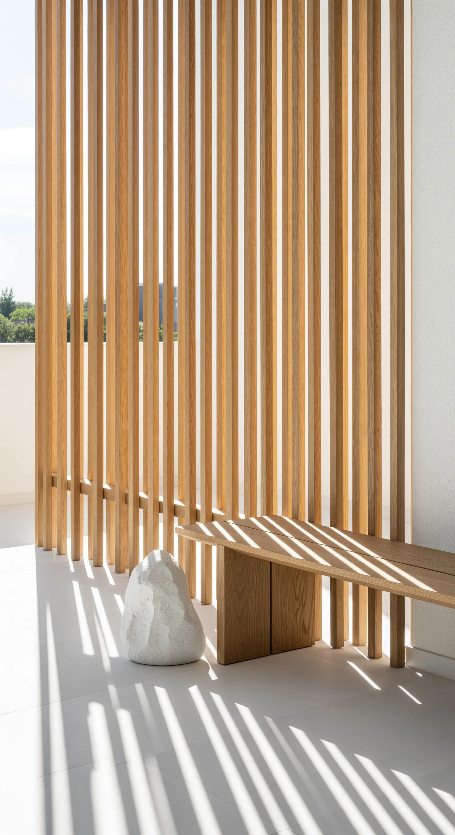 Terrasse mit vertikalem Holzparavent, Holzbank und skulpturalem Stein.