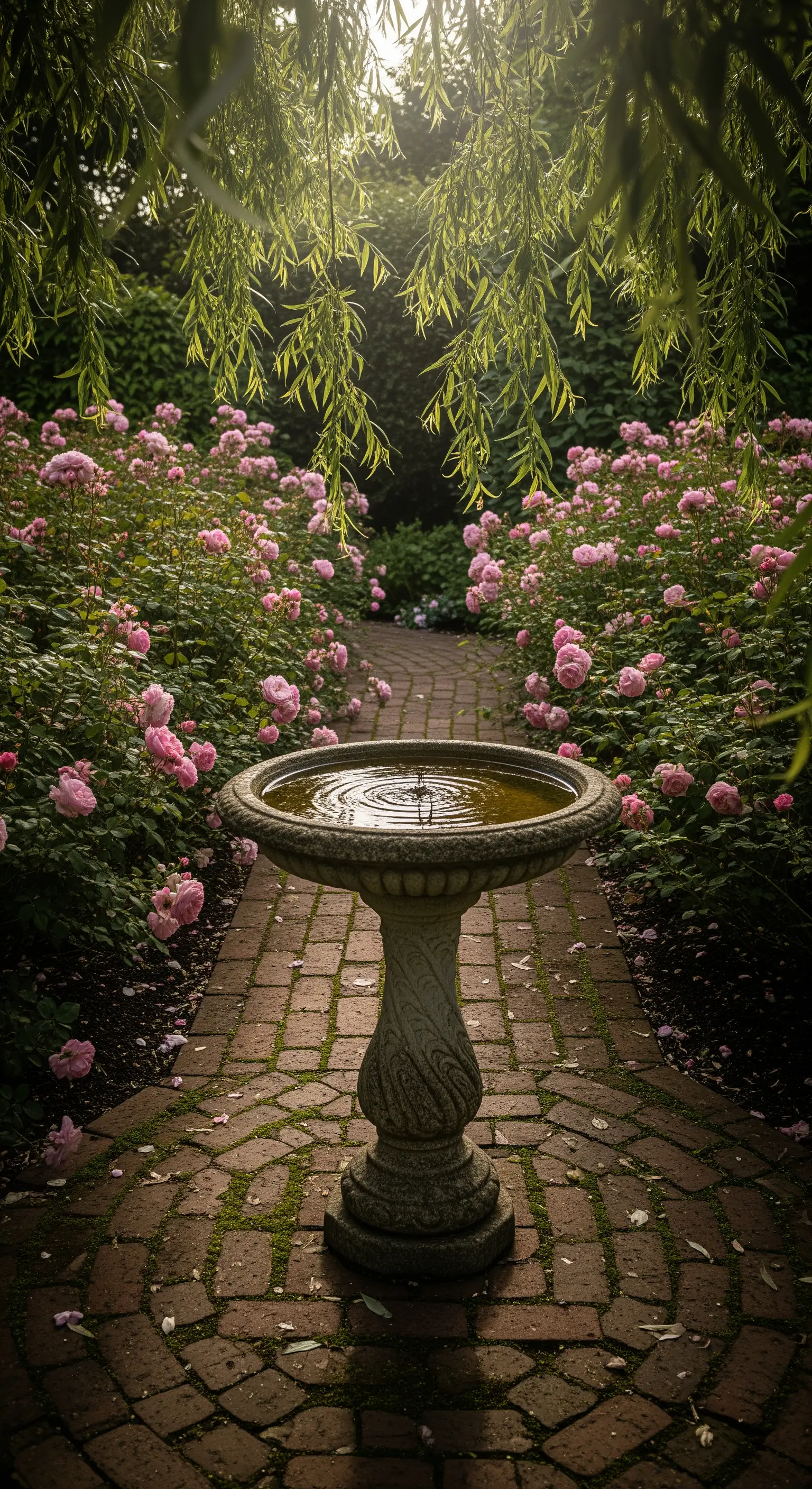 Klassische Steinvogeltränke in einer schattigen Allee unter Weiden und rosa Rosen
