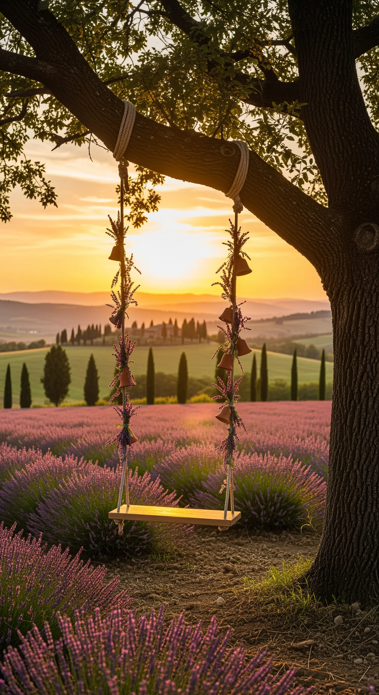 Holzschaukel mit Lavendel und Glöckchen in einem Lavendelfeld bei Sonnenuntergang