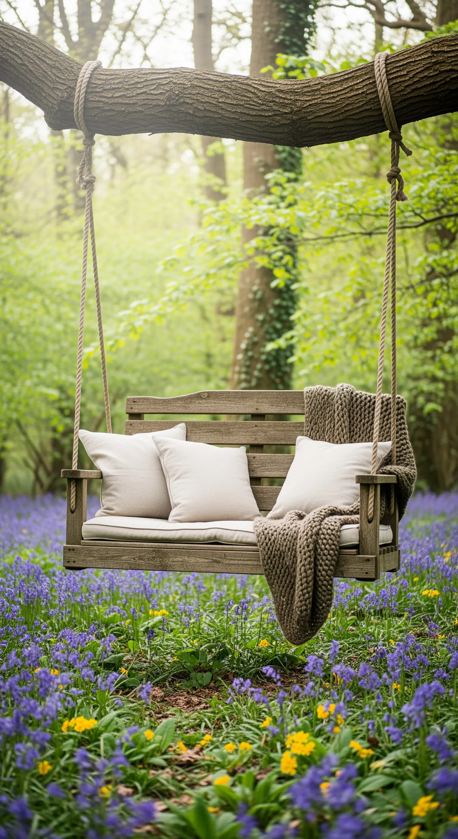 Rustikale Holzschaukelbank mit Kissen und Decke in einem Wald voller blauer Glockenblumen.