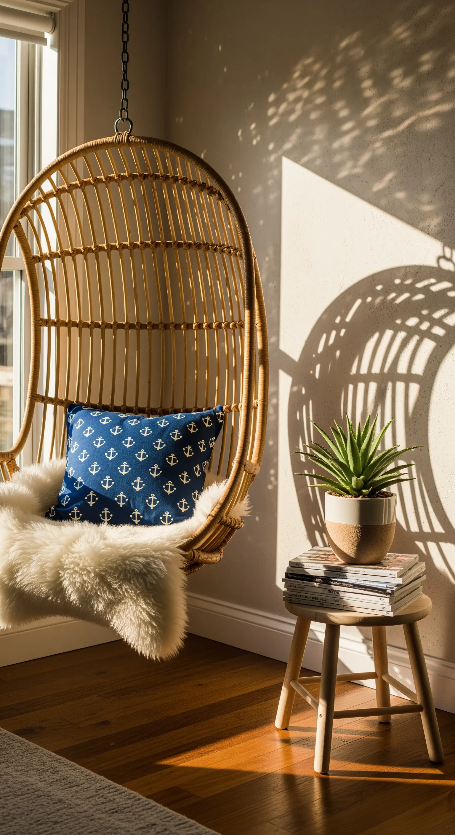 Rattan-Hängesessel mit Schaffell, Anker-Kissen und Sukkulente auf Hocker.