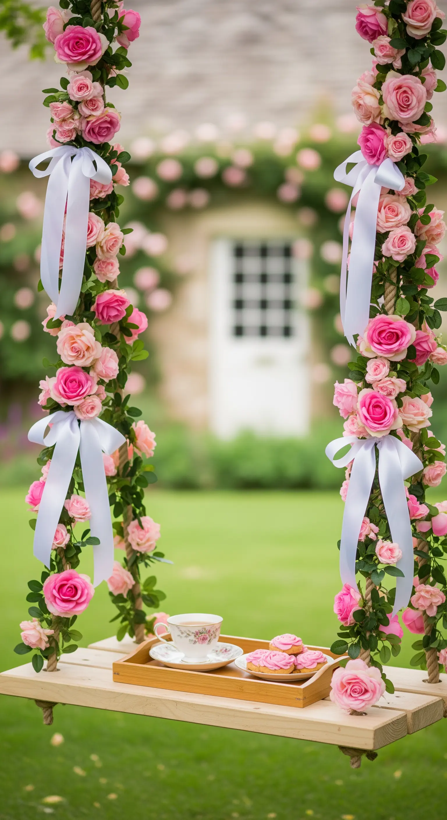 Holzschaukel mit Rosen und Schleifen, Teetasse und Gebäck auf Tablett