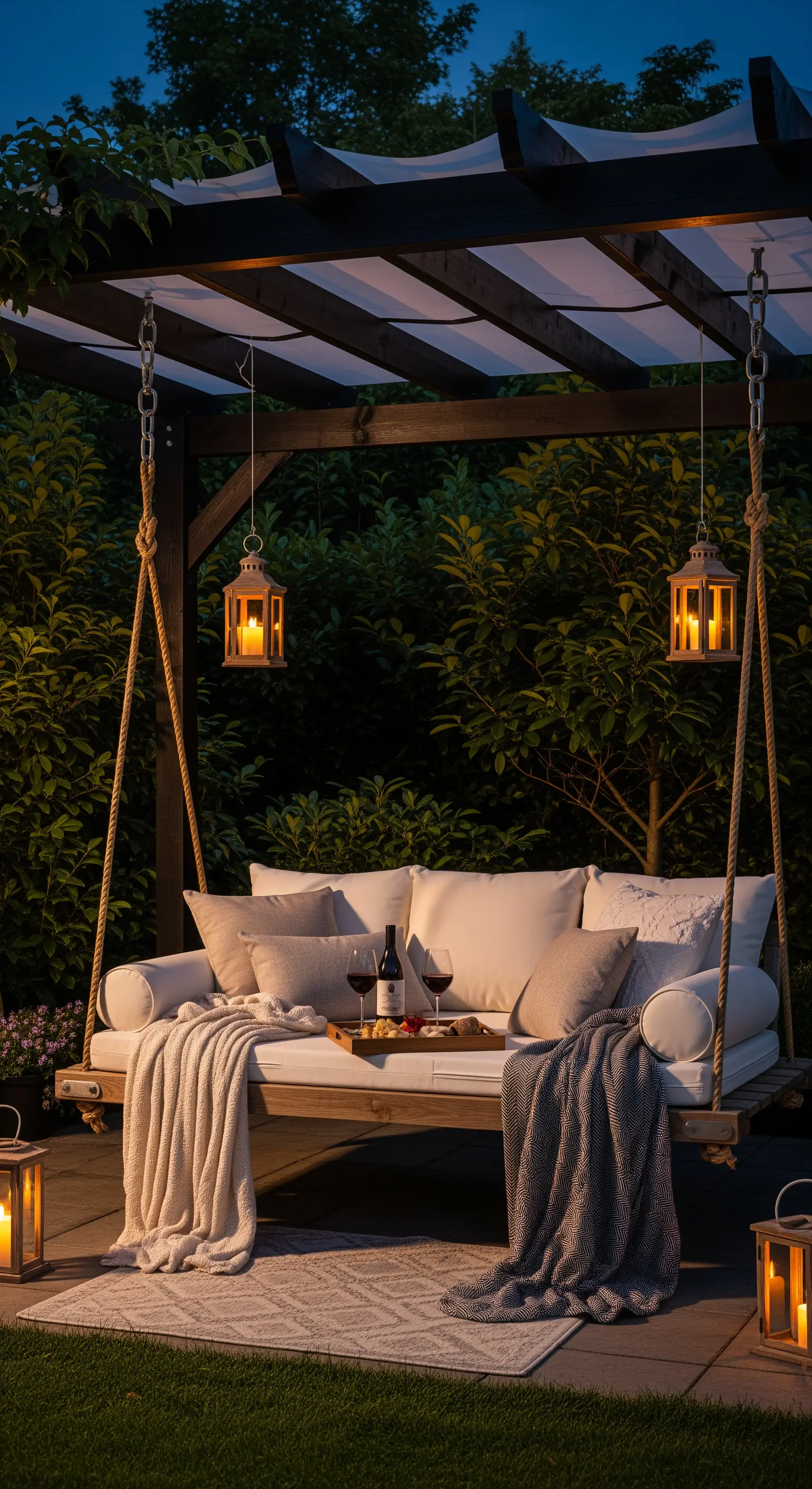 Schaukelsofa, Holzpergola, Laternen, Kissen, Wein, Käse