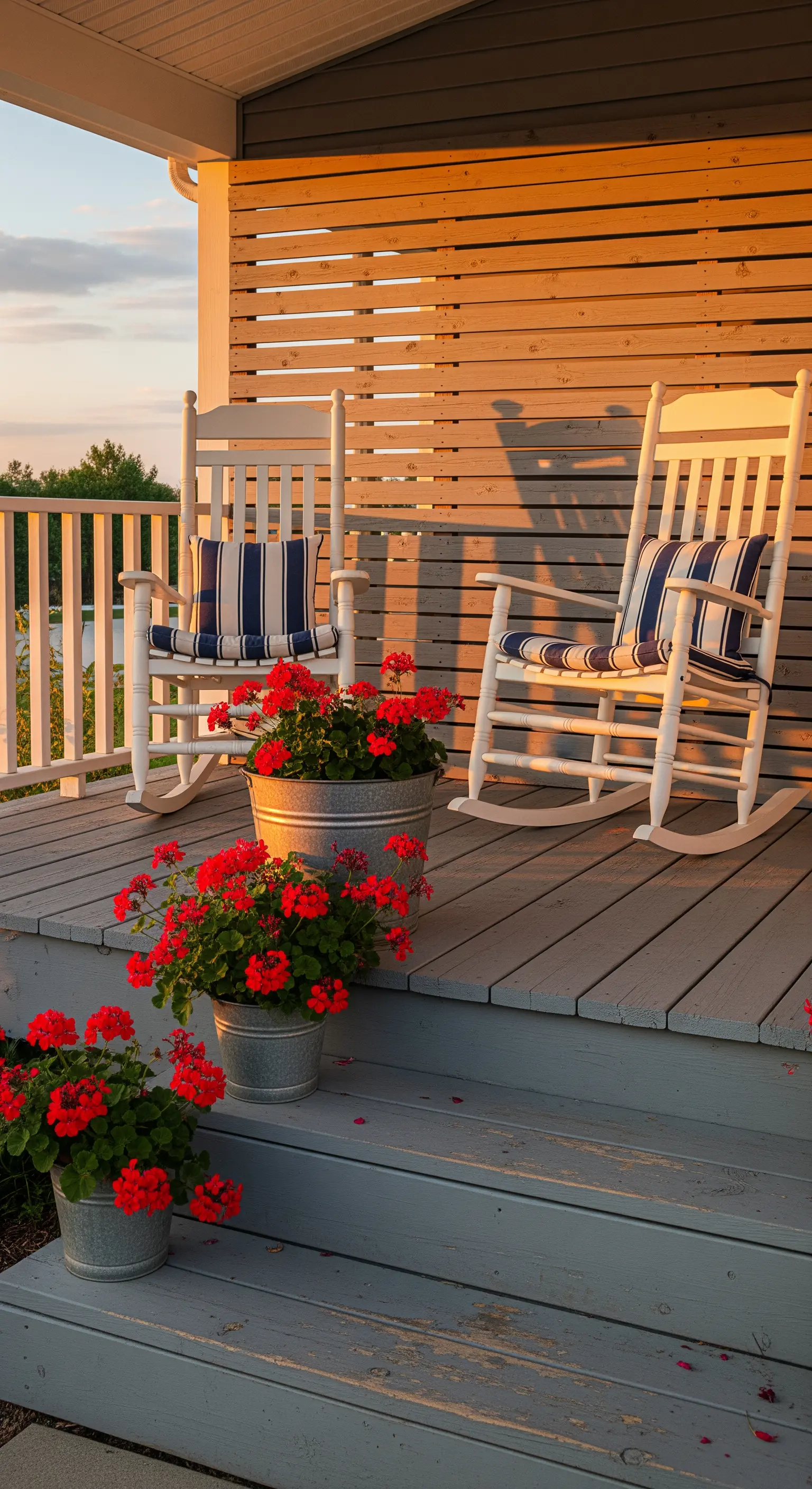 Veranda mit weißen Schaukelstühlen, blau-weißen Kissen und roten Geranien in Zinkeimern