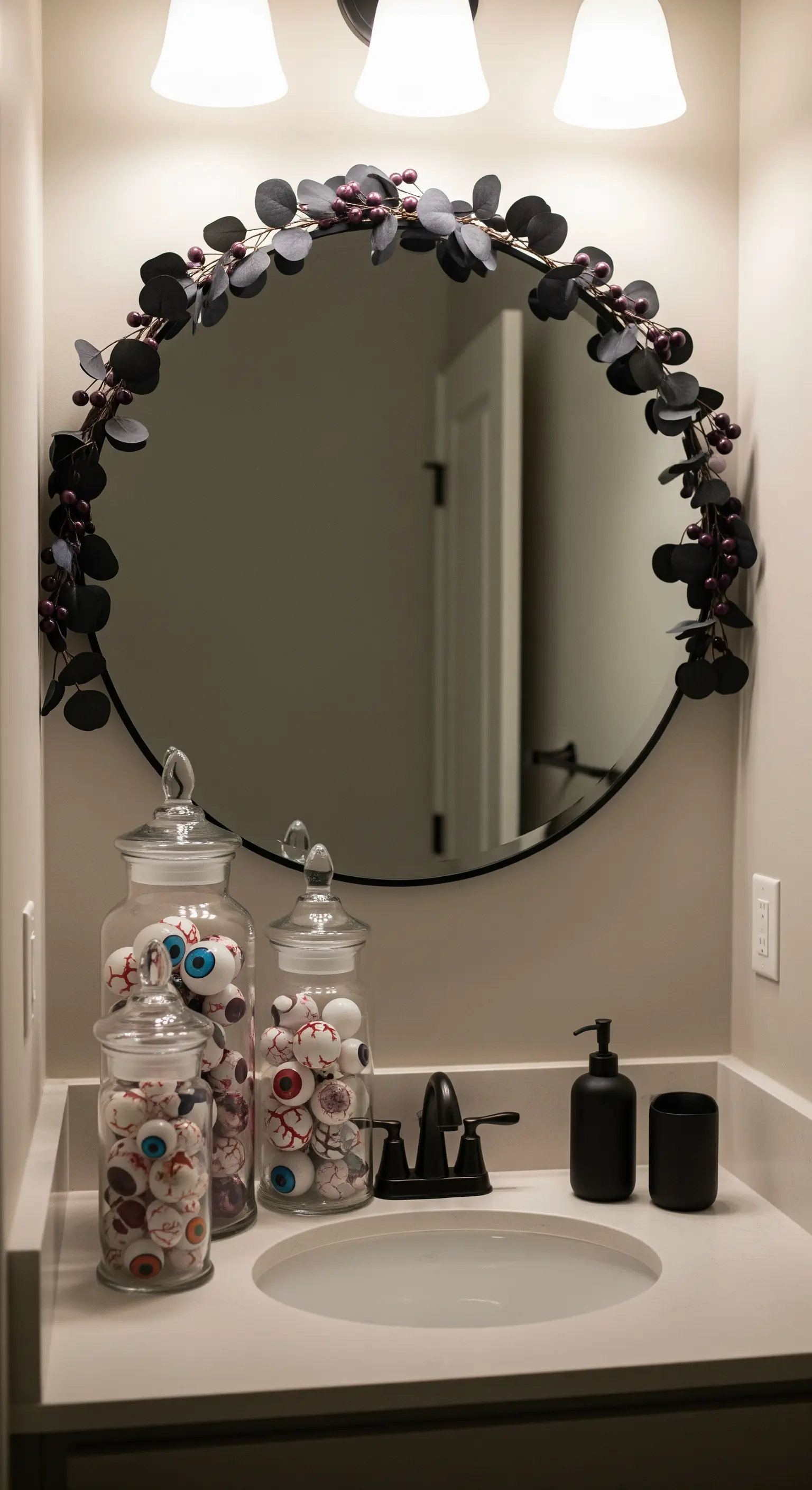 Halloween-Badezimmerdeko mit Spiegel, dunkler Girlande und Augapfel-Gläsern.