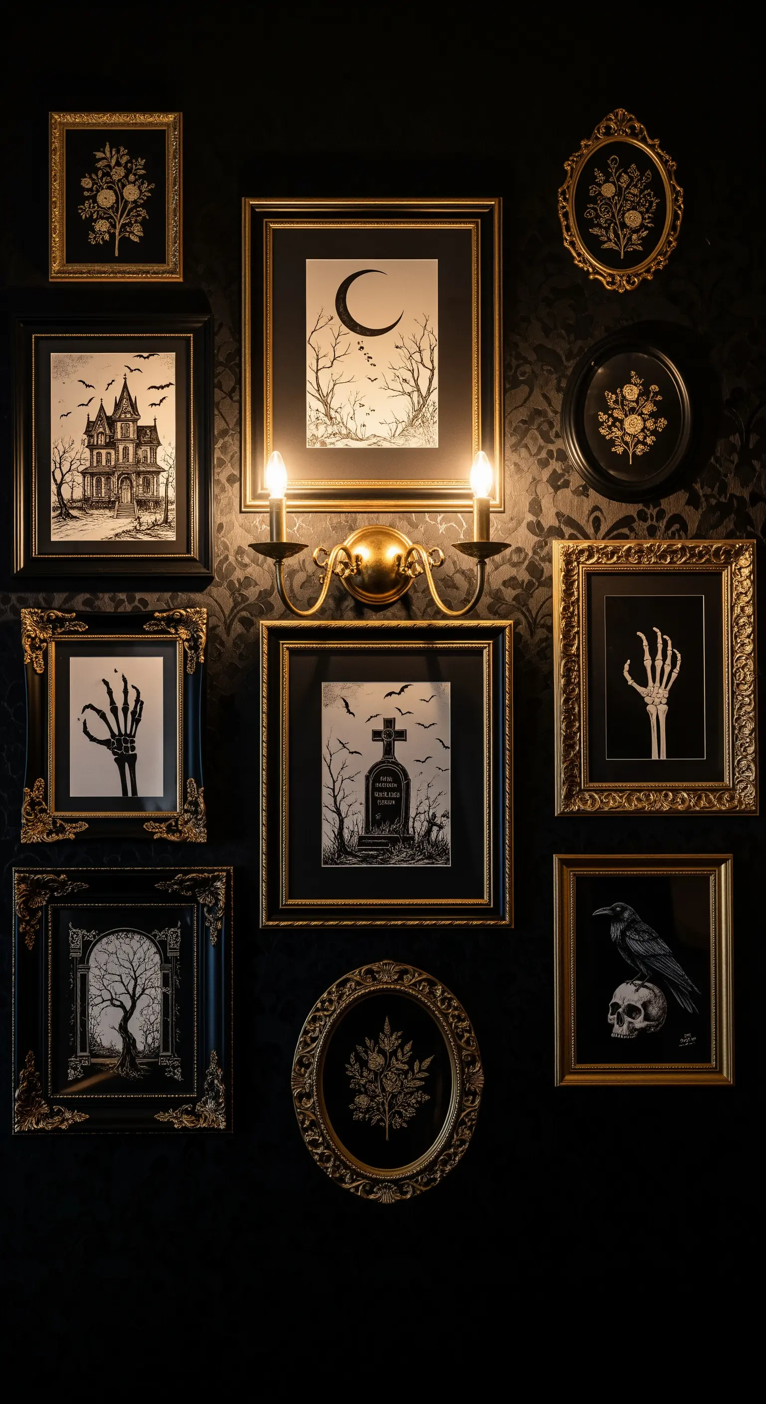 Galerie-Wand mit schwarzen und goldenen Rahmen, Gruselmotiven
