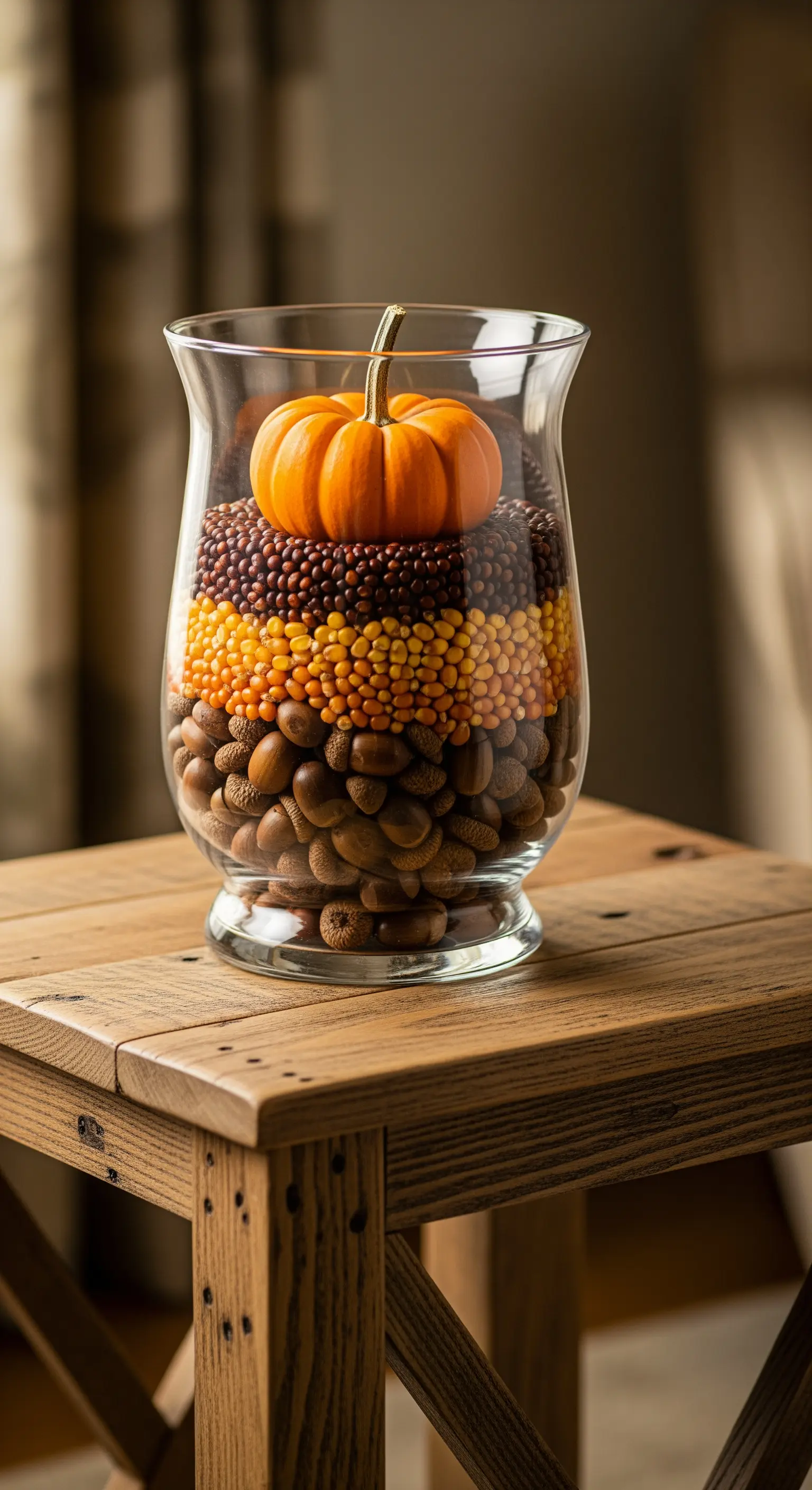 Glasvase gefüllt mit Schichten aus Eicheln und Mais, obenauf ein Mini-Kürbis.