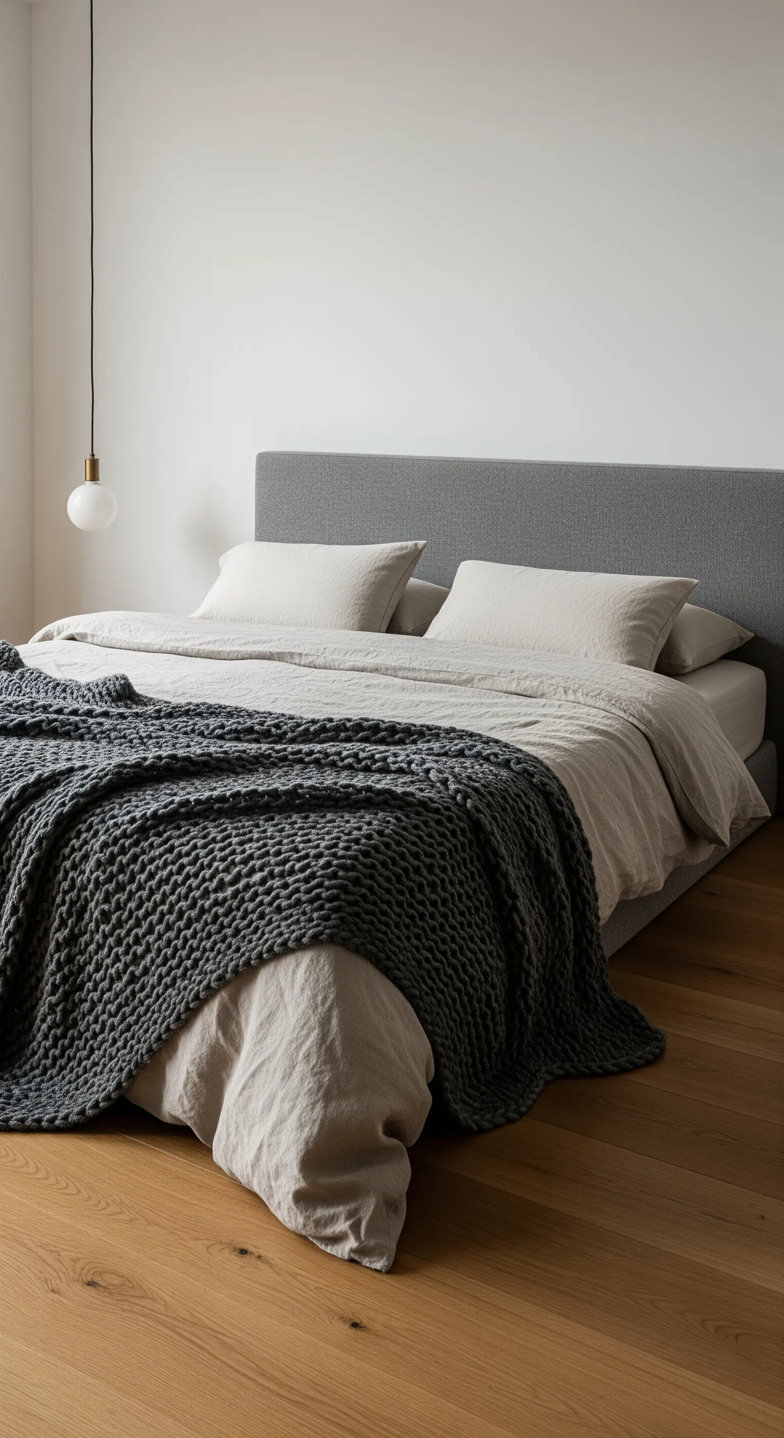 Bett mit beigem Leinenbettzeug und einer grob gestrickten, dunklen Wolldecke.