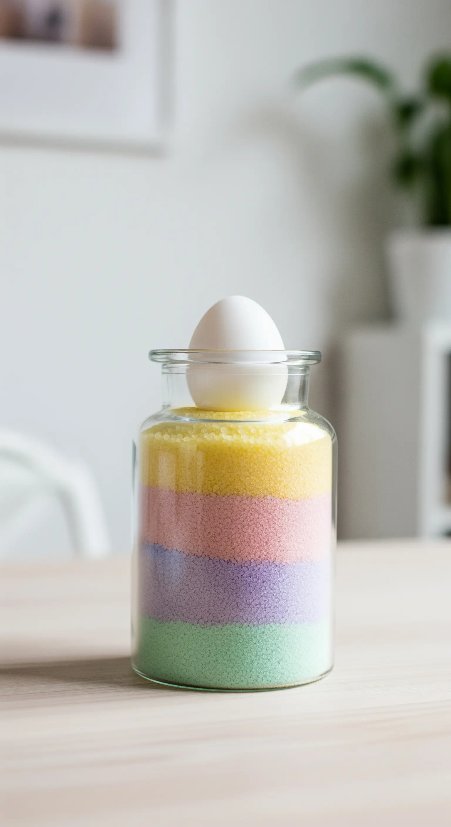 Glasgefäß mit Schichten von farbigem Pastellsand und einem Ei obenauf