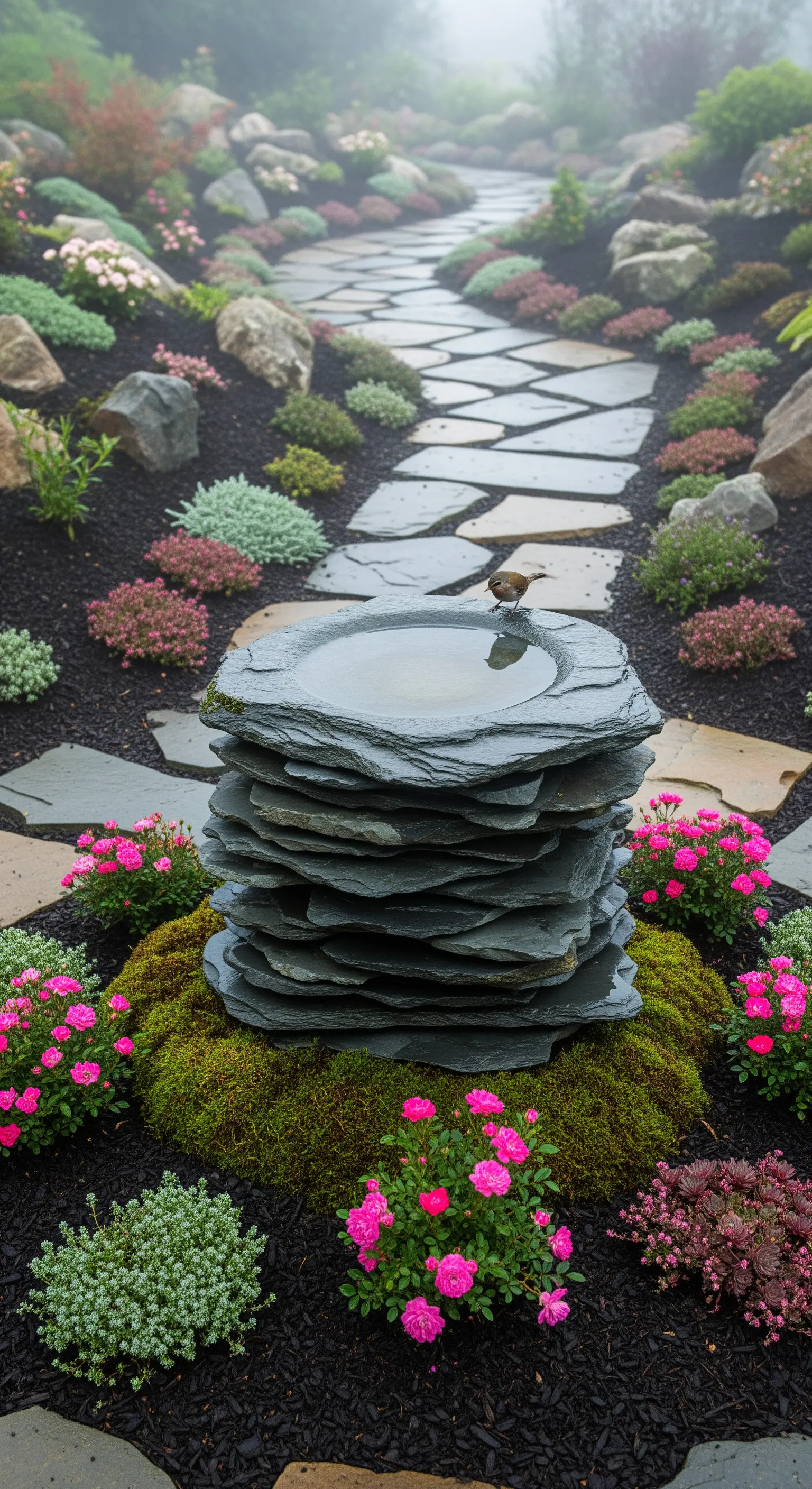 Vogeltränke aus gestapelten Schieferplatten in einem Steingarten mit pinken Blüten