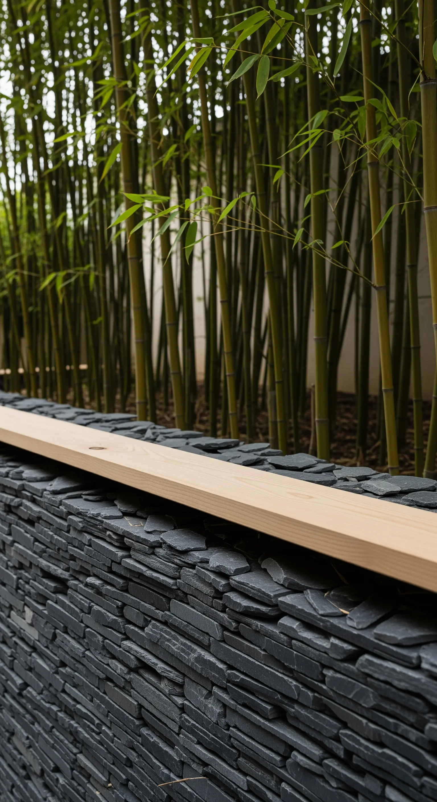 Gestapelte Schieferwand mit Holzbalken und Bambus-Sichtschutz