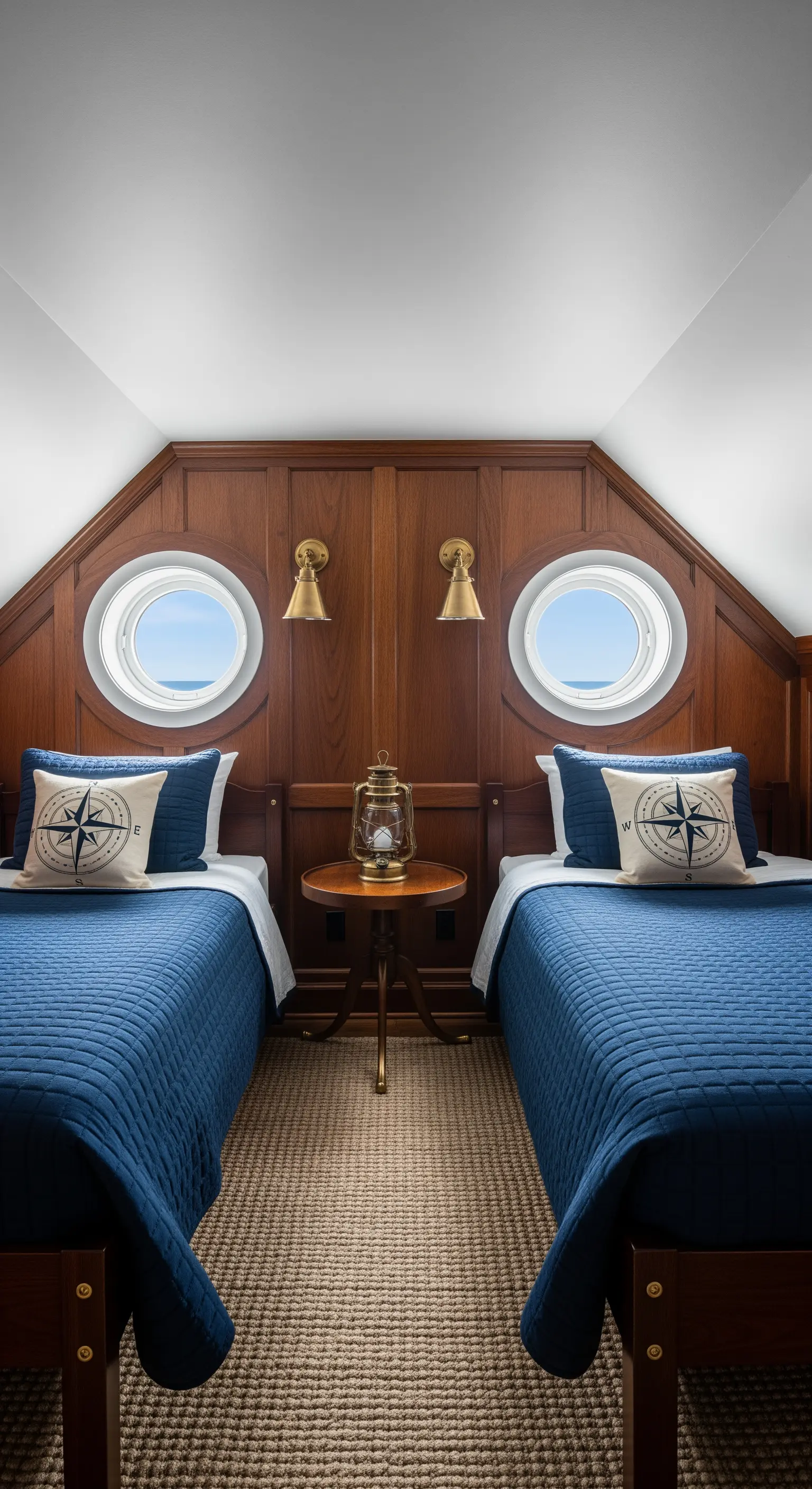 Schlafzimmer mit Holzwänden, Bullaugen, blauer Bettwäsche und nautischer Deko