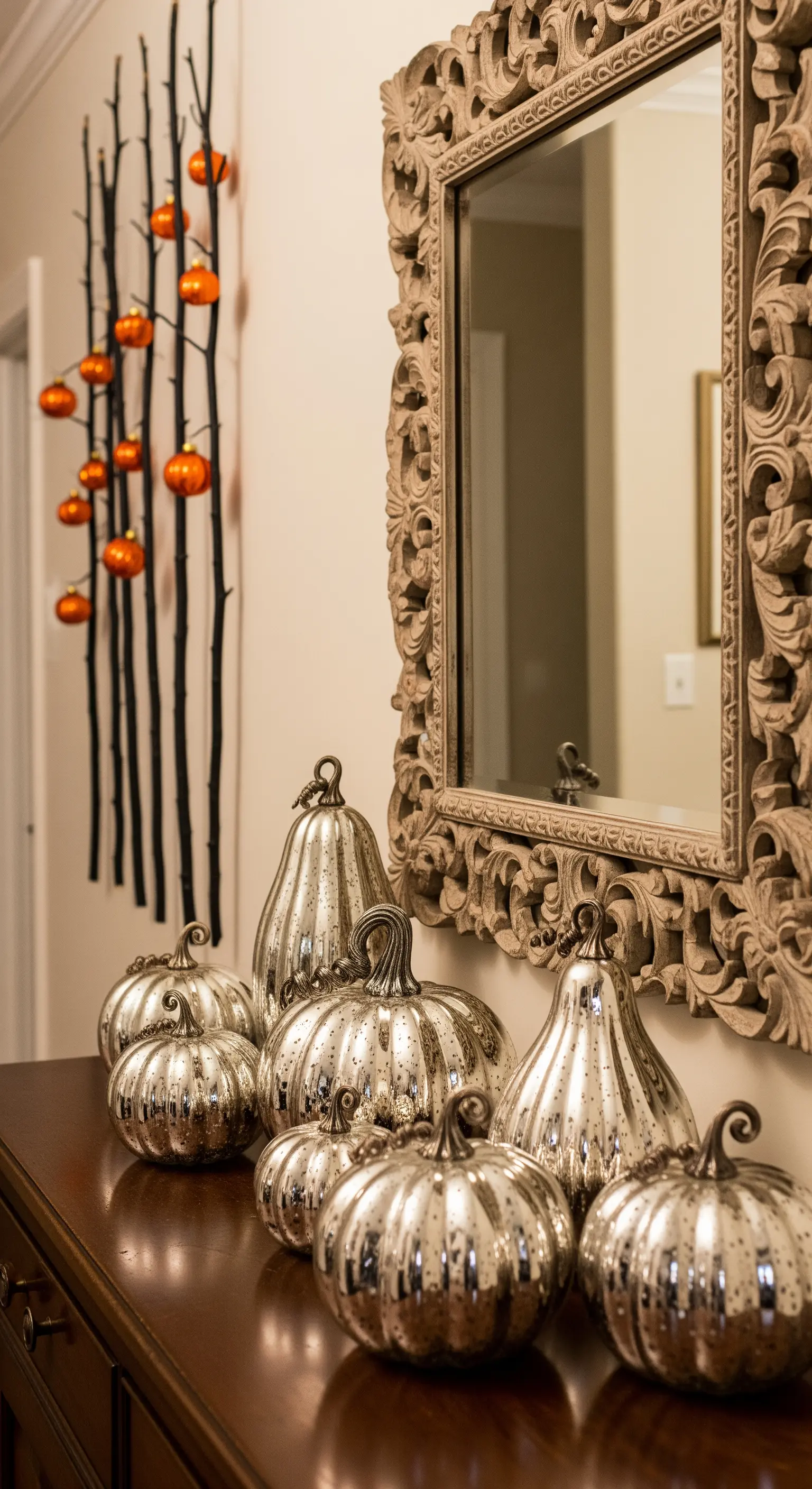 Glamouröse Halloween-Konsole mit Quecksilberglas-Kürbissen und Spiegel.