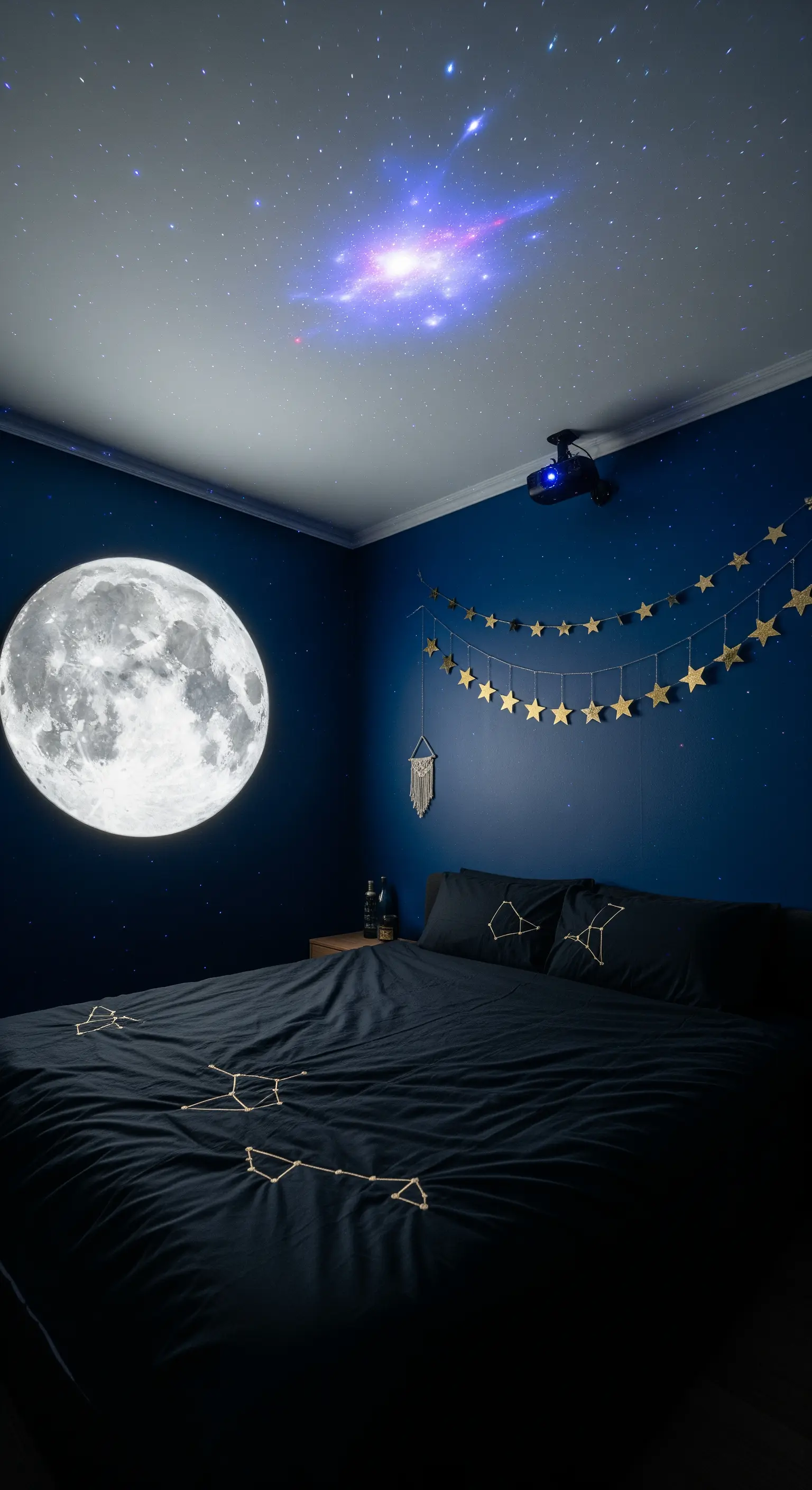 Dunkles Schlafzimmer, dessen Decke von einem Projektor als Sternenhimmel beleuchtet wird.