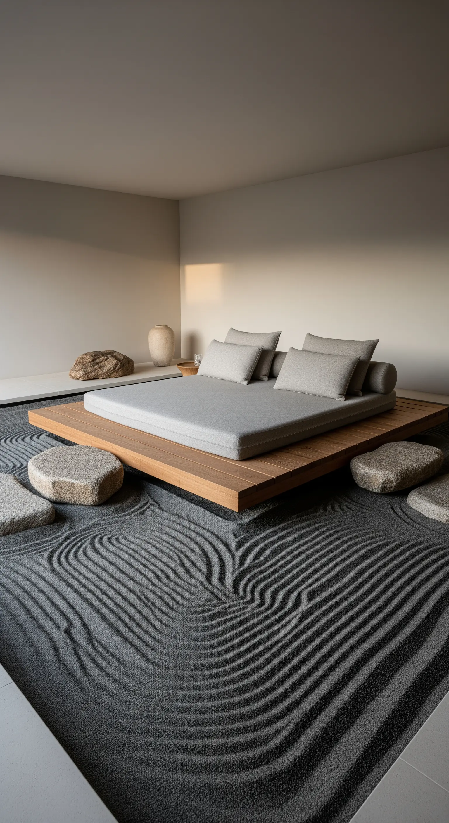 Japandi-Schlafzimmer mit Bettplattform in einem Sandgarten.