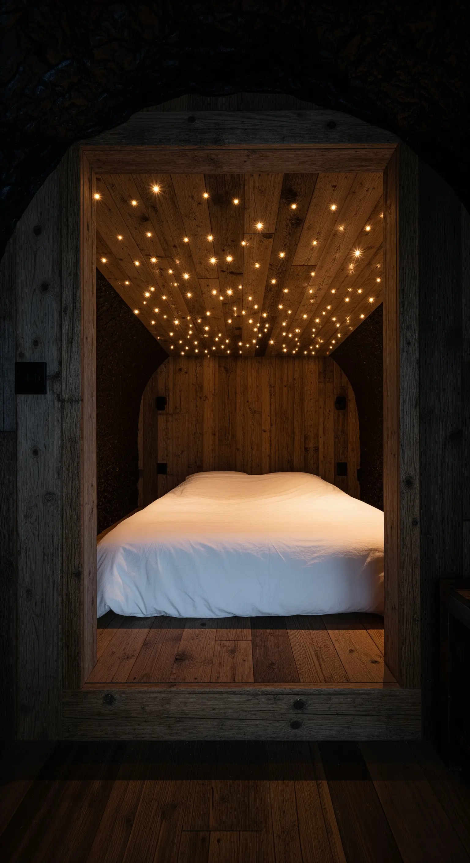 Bett in einer Holz-Nische mit einer Decke, die wie ein Sternenhimmel leuchtet.