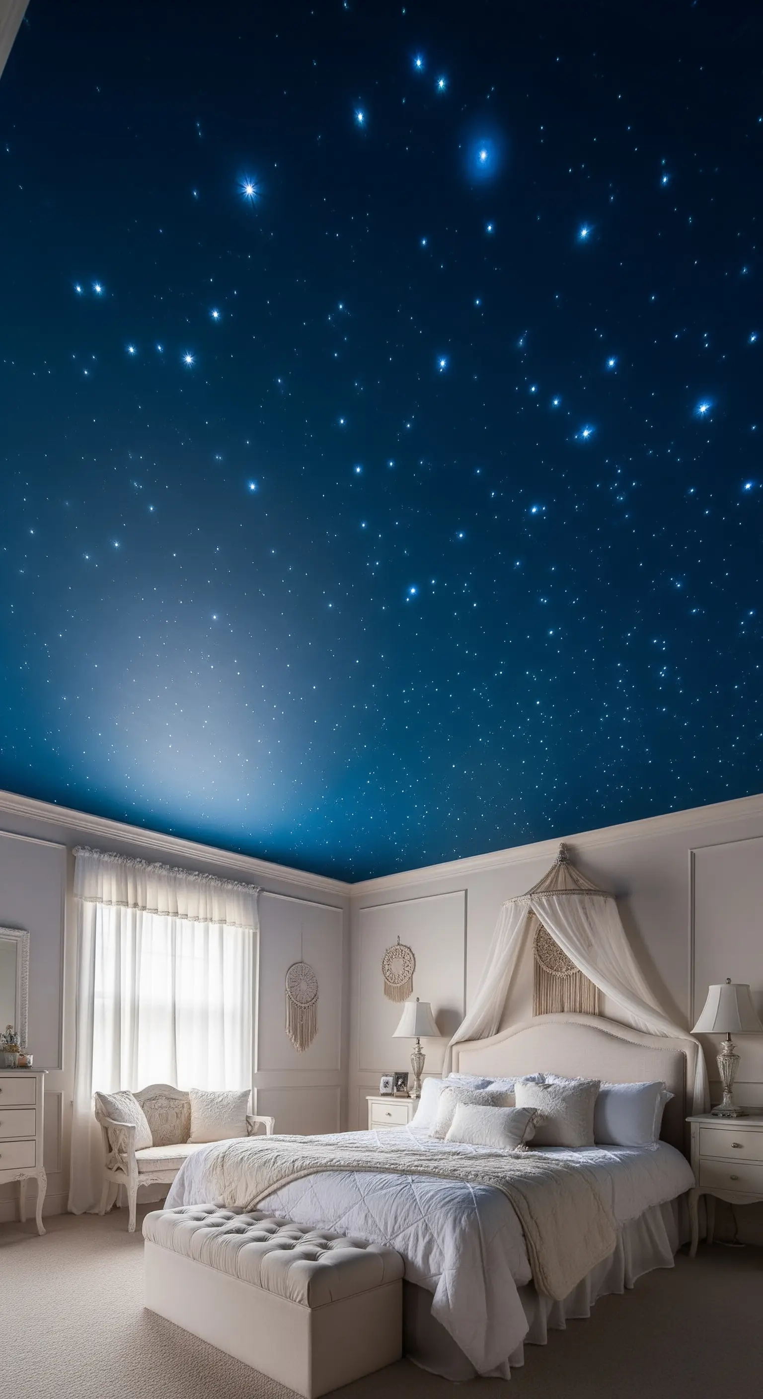 Elegantes Schlafzimmer mit einer Decke, die wie ein realistischer Sternenhimmel gestaltet ist.