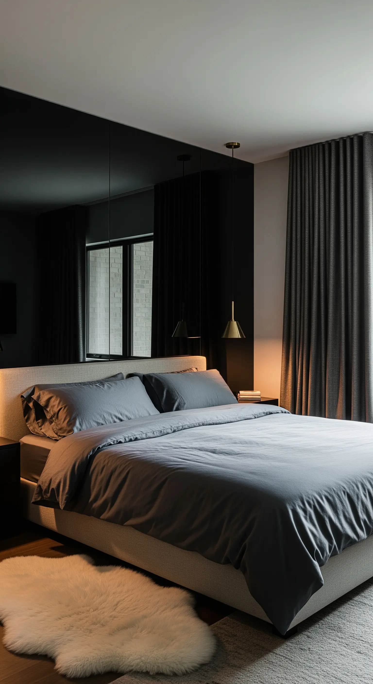 Schlafzimmer mit dunklem Spiegelsockel, grauer Bettwäsche und goldenen Leuchten