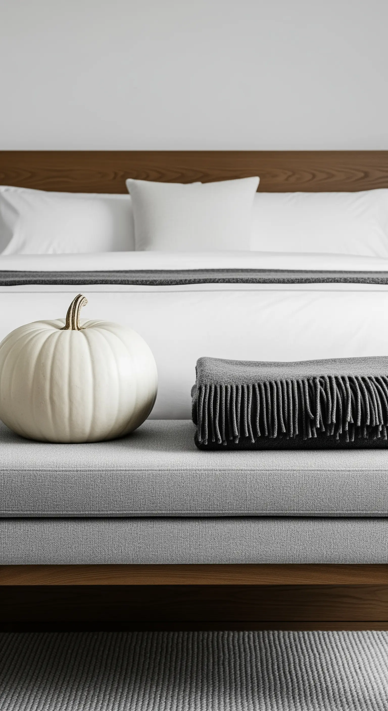 Schlafzimmer mit Holzbett, grauer Decke und einem weißen Kürbis als Akzent