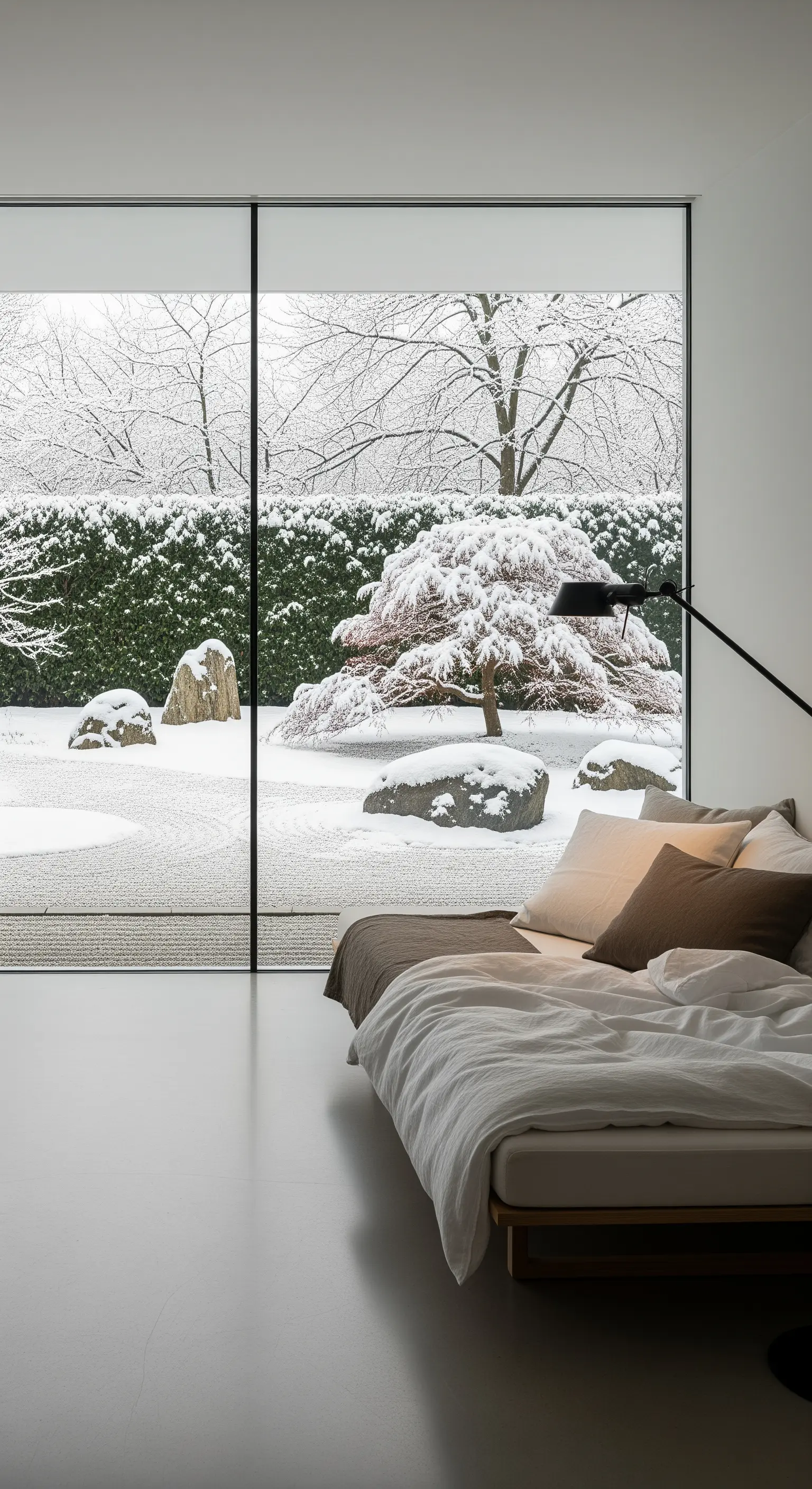 Schlafzimmer mit niedrigem Bett und großem Fenster mit Blick auf einen verschneiten Zen-Garten.