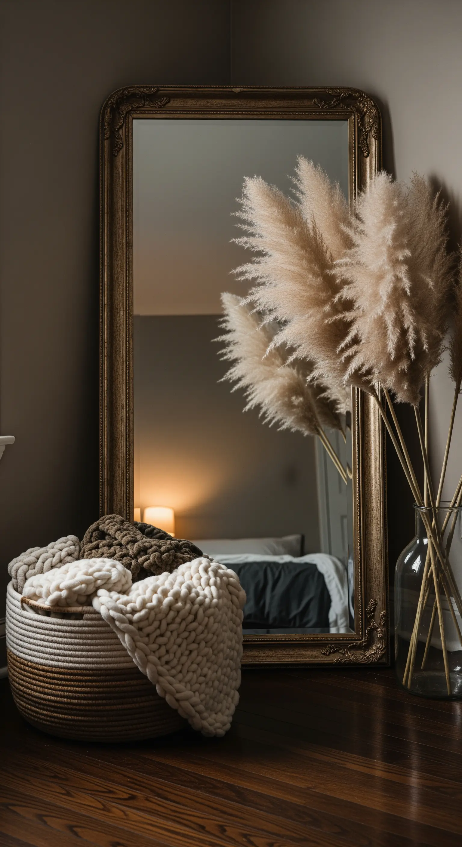 Schlafzimmer, Spiegel, Pampasgras, Strickdecken