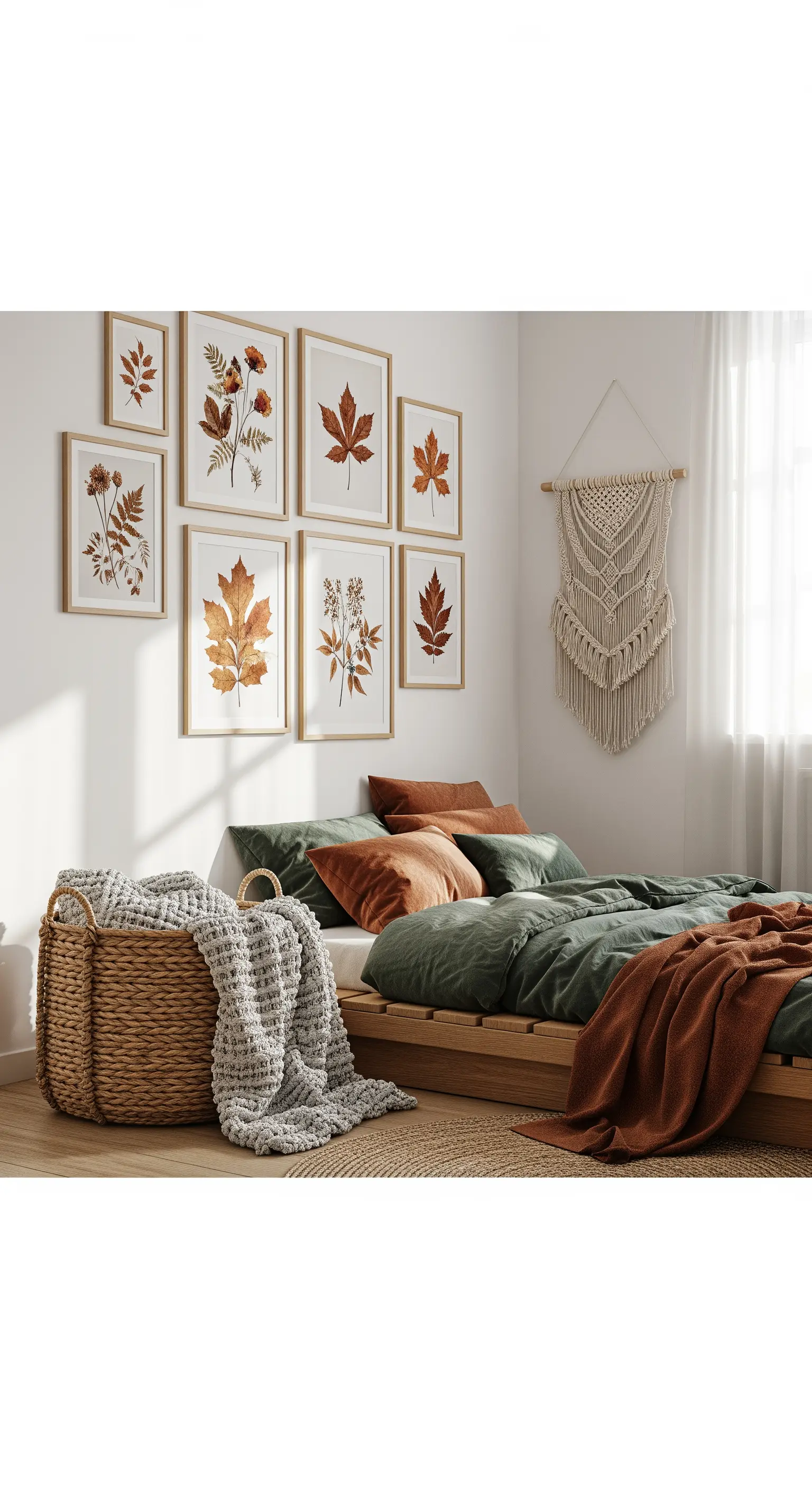 Schlafzimmer mit Galerie-Wand (Herbstblätter), grüner Bettwäsche, Rost-Plaid.