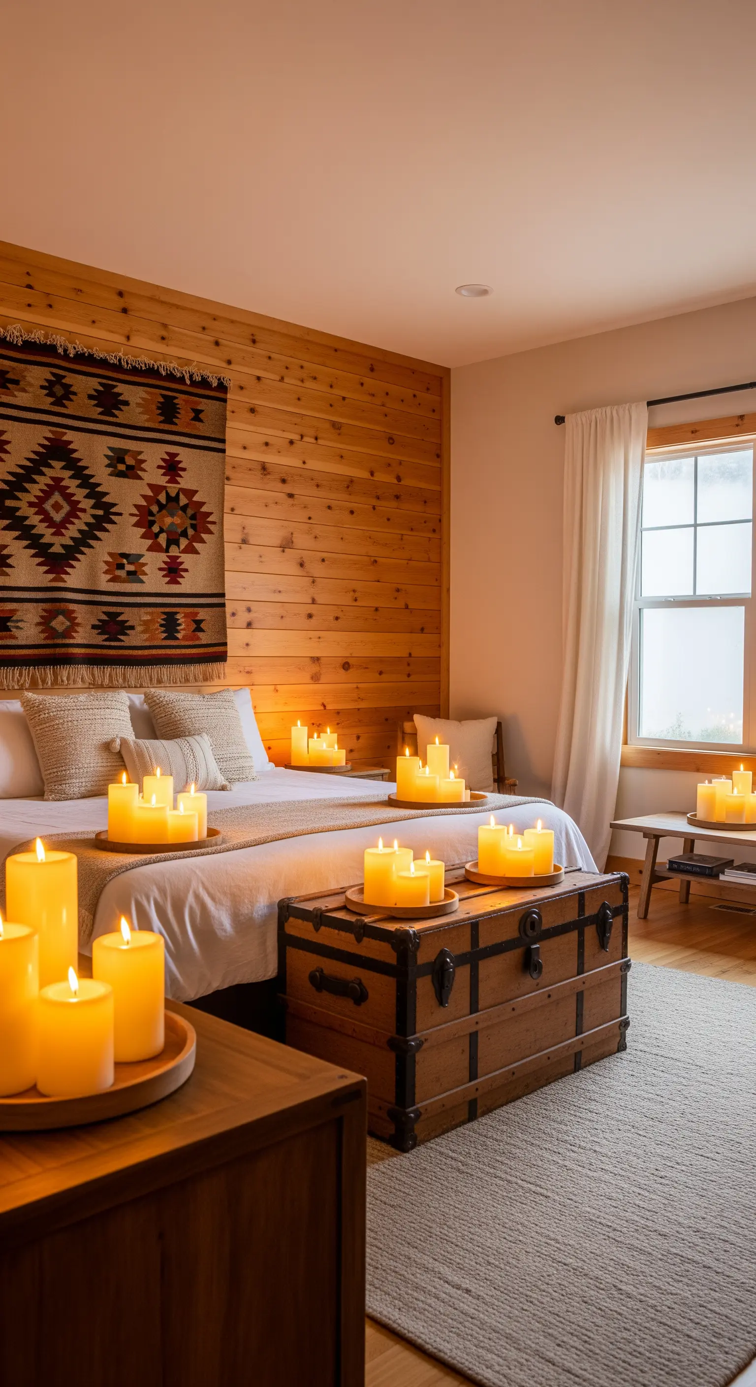 Schlafzimmer, Holzpaneele, Kerzen, Wandteppich