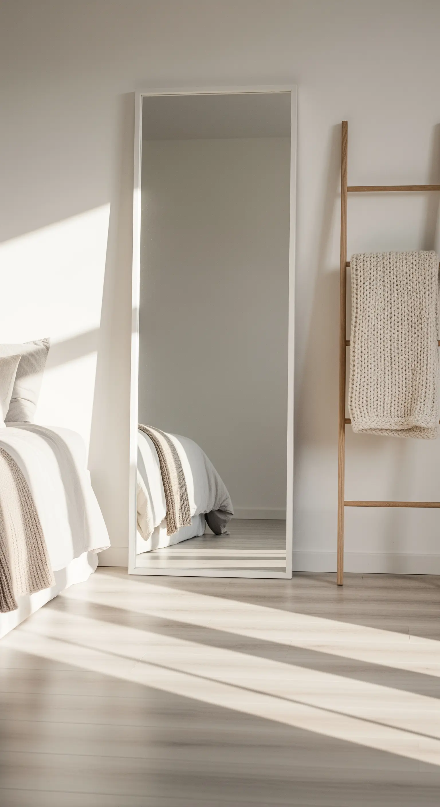 Schlafzimmer mit großem Standspiegel, Holzleiter und weicher Decke im Sonnenlicht.