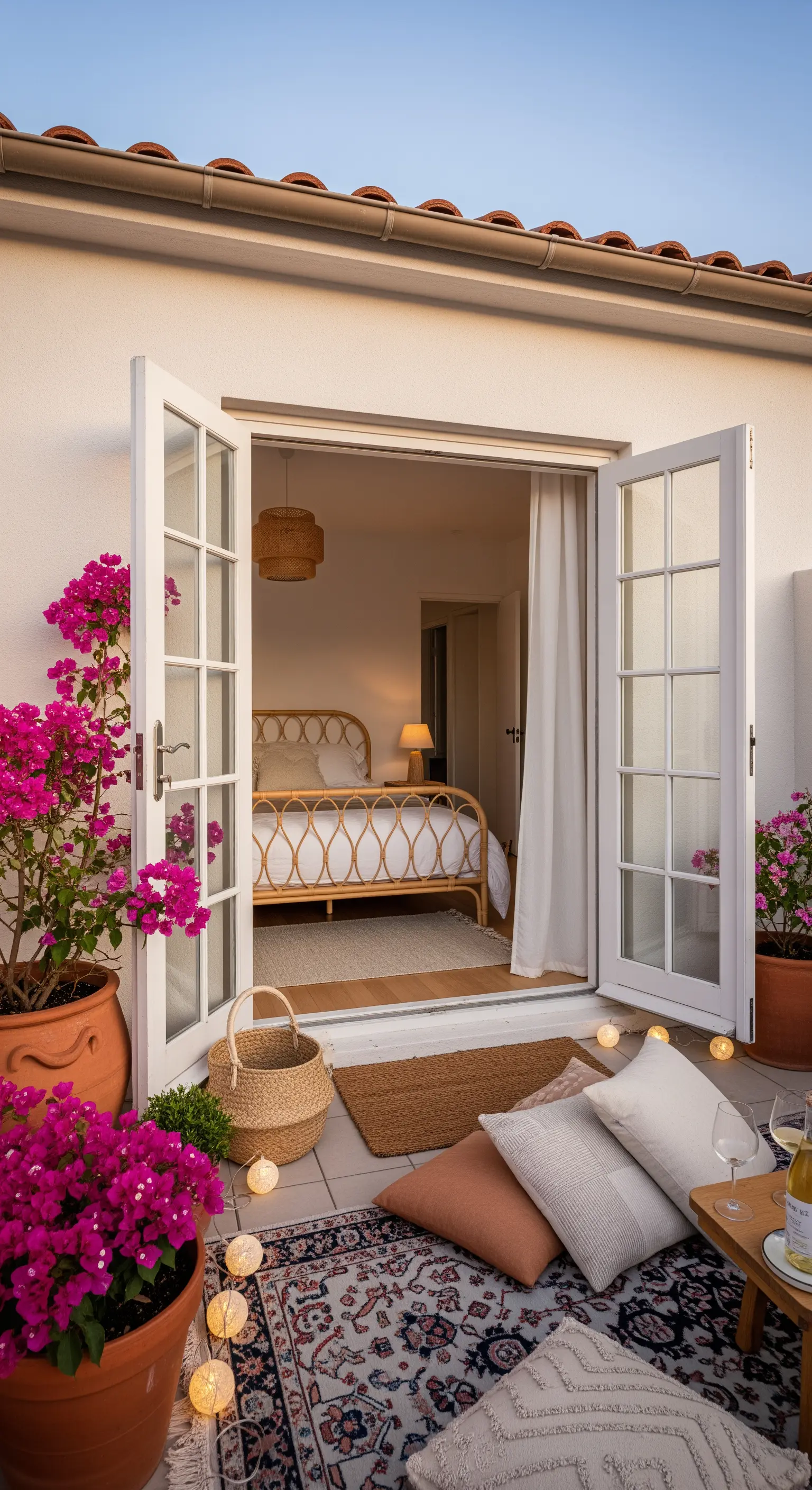 Blick von einer gemütlich dekorierten Terrasse in ein helles Boho-Schlafzimmer mit Rattanbett.