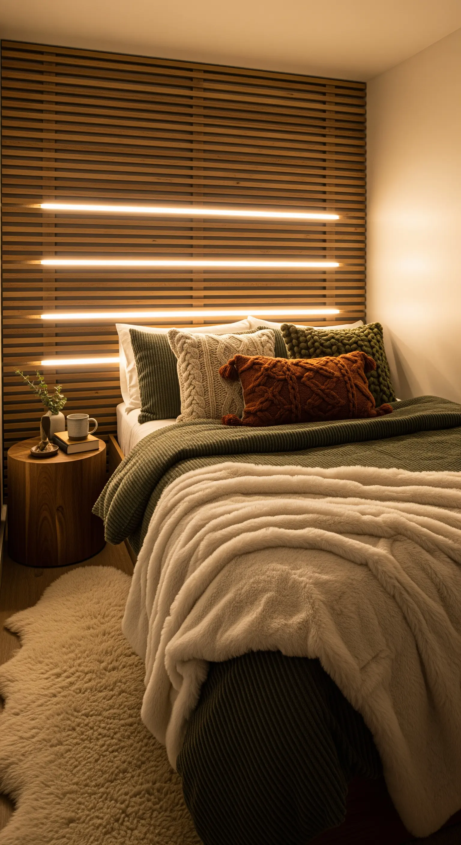 Schlafzimmer mit Holzlamellen-Akzentwand, integriertem LED-Licht und texturiertem Bett.