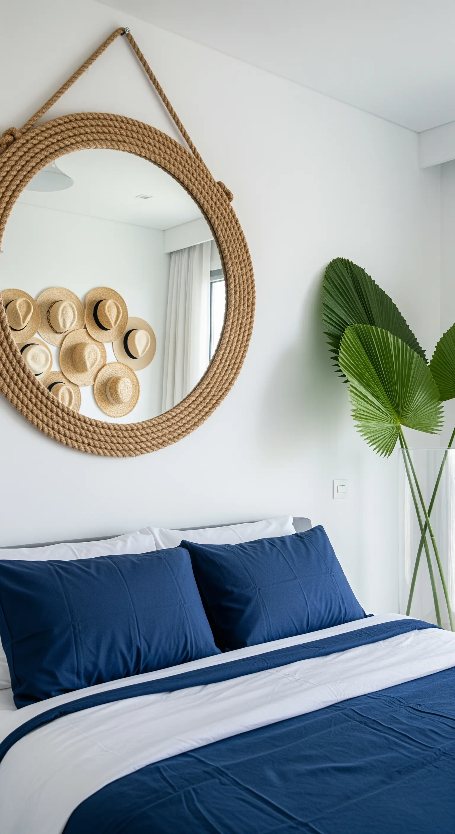 Seil-Spiegel, Strohhut-Wanddeko, dunkelblaue Bettwäsche