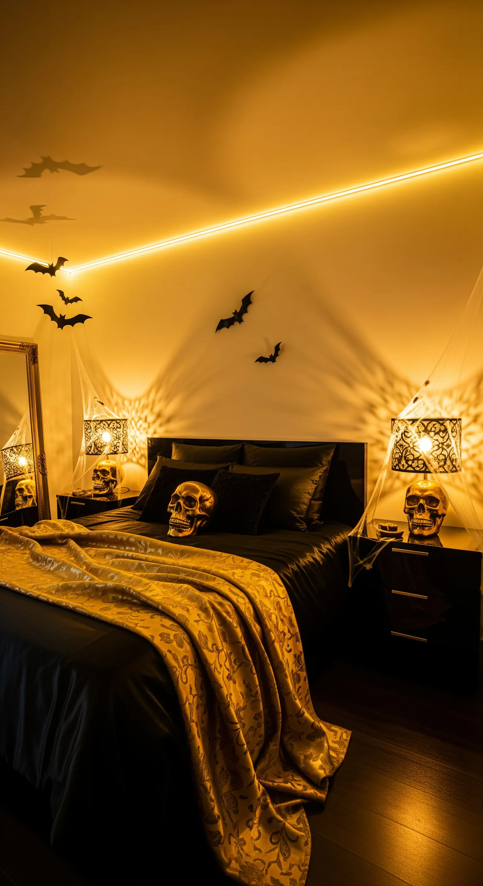 Schlafzimmer mit goldenem Überwurf, LED-Beleuchtung und goldenen Schädeln
