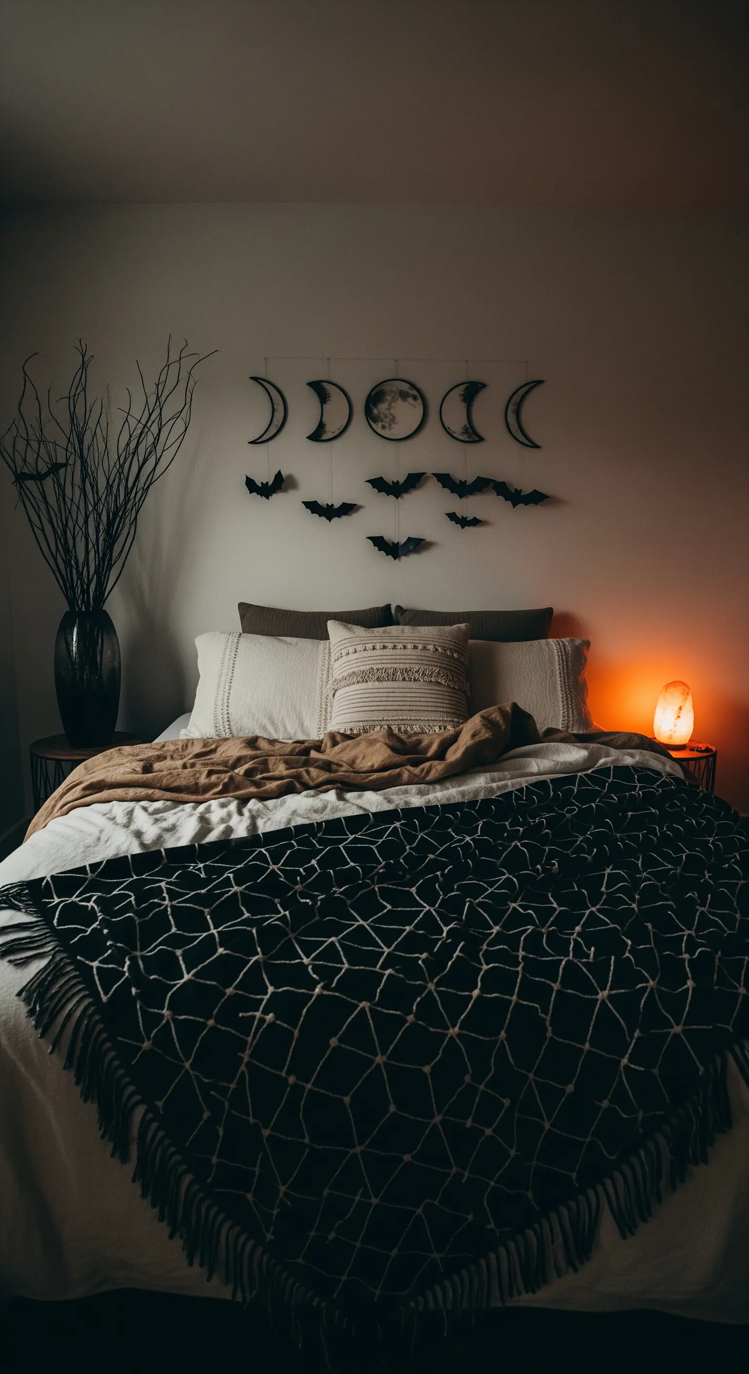 Schlafzimmer mit Mondphasen-Deko, Fledermäusen, Ästen und Salzlampe.