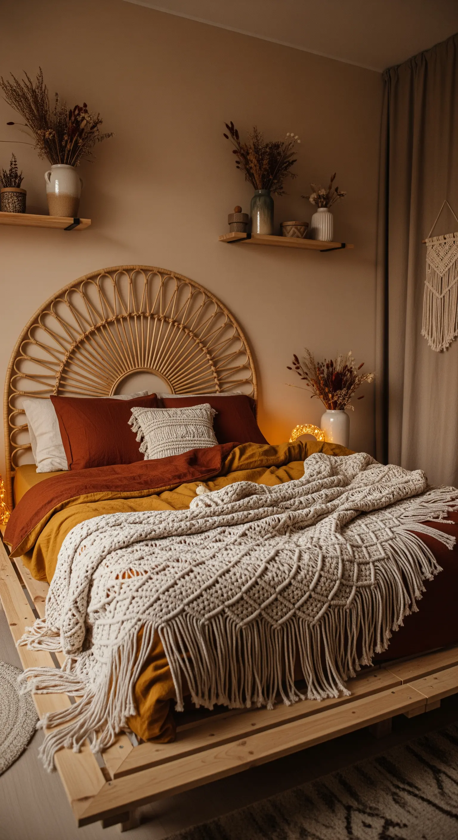 Boho Schlafzimmer, Rattan Kopfteil, Trockenblumen, warme Bettwäsche