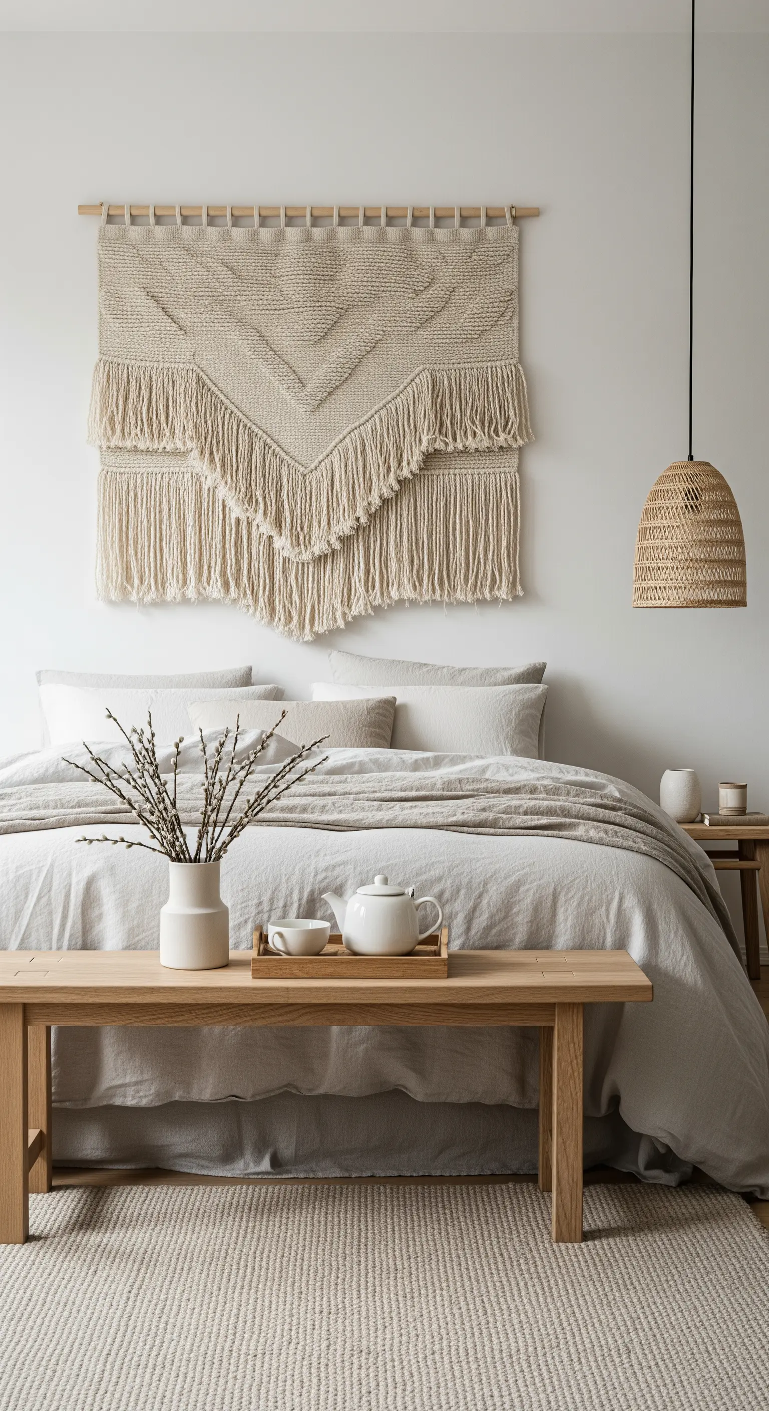 Schlafzimmer mit Makramee, Leinenbettwäsche, Holzbank und Weidenzweigen