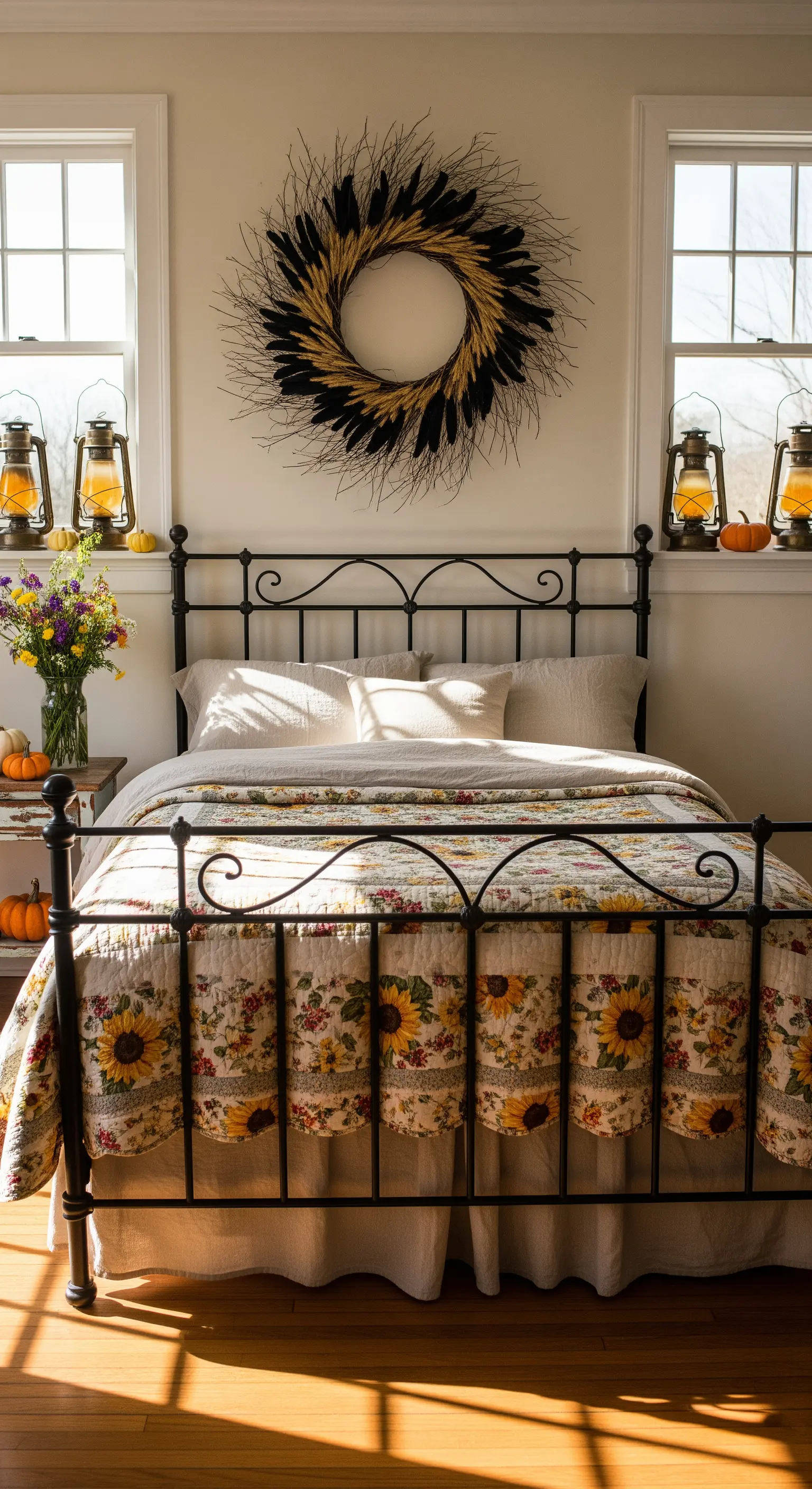 Cottagecore Schlafzimmer mit Eisenbett, Sonnenblumen-Decke, Strohkranz, Laternen.
